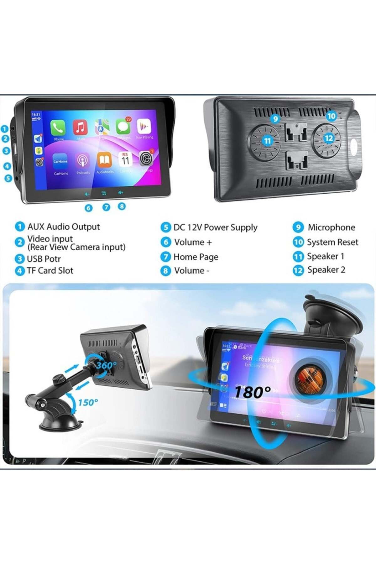 TECHSTAR-® Apple Carplay/Android Multimedia System, Touch Screen, 7 inch 1080P Full HD, Bluetooth, 8