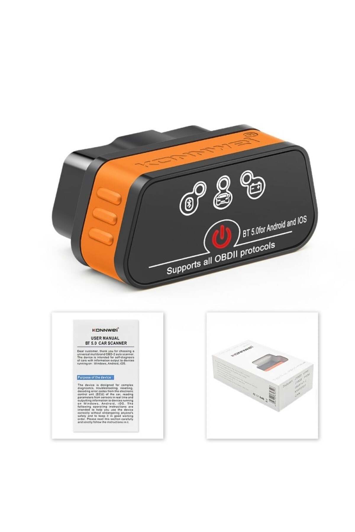 KONNWEİ-OBD2 Car Diagnostic KW901, Bluetooth 5.0, ON-OFF Button, Android iOS Compatible, ELM 327 6