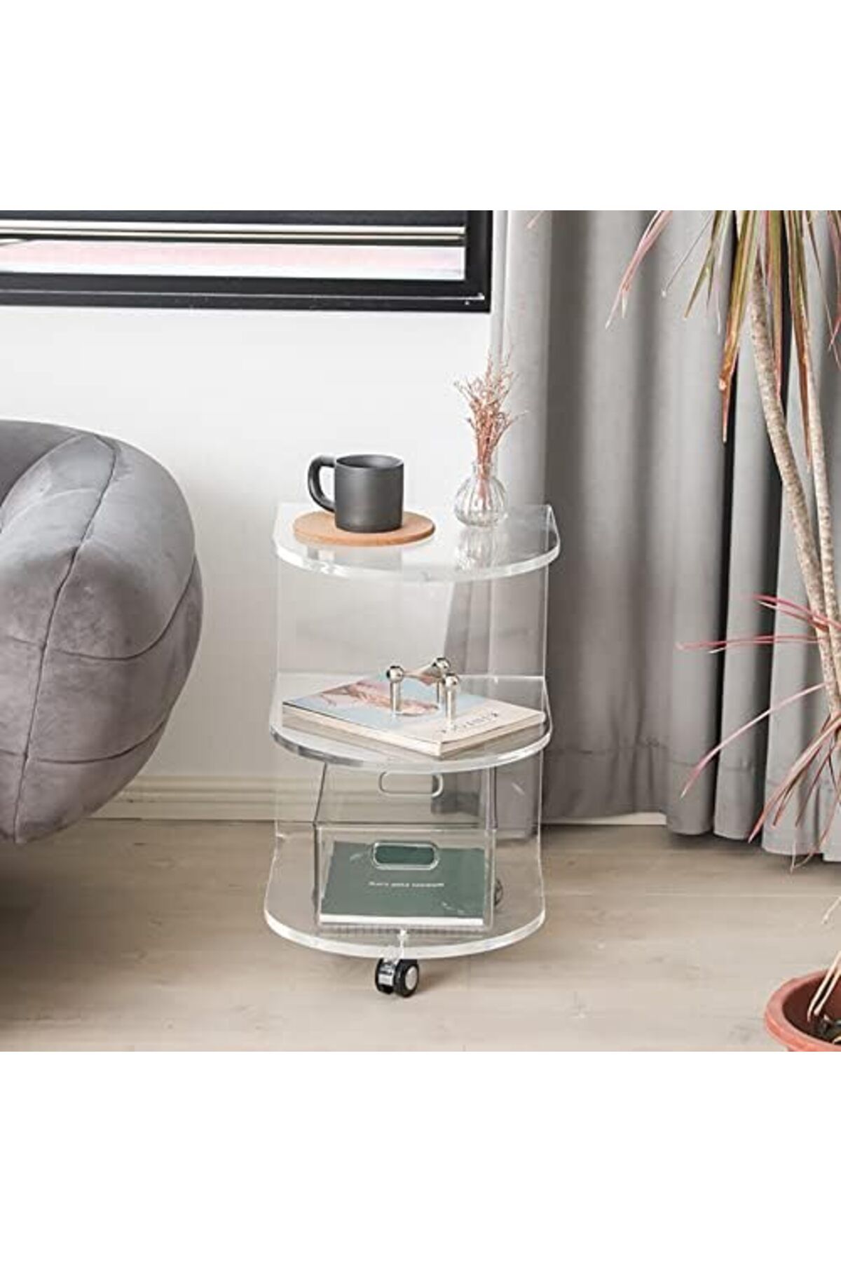 Slasa-Rotating Acrylic Side Table with Wheels from - Transparent Two-Layer Snack Storage Cart for So 5