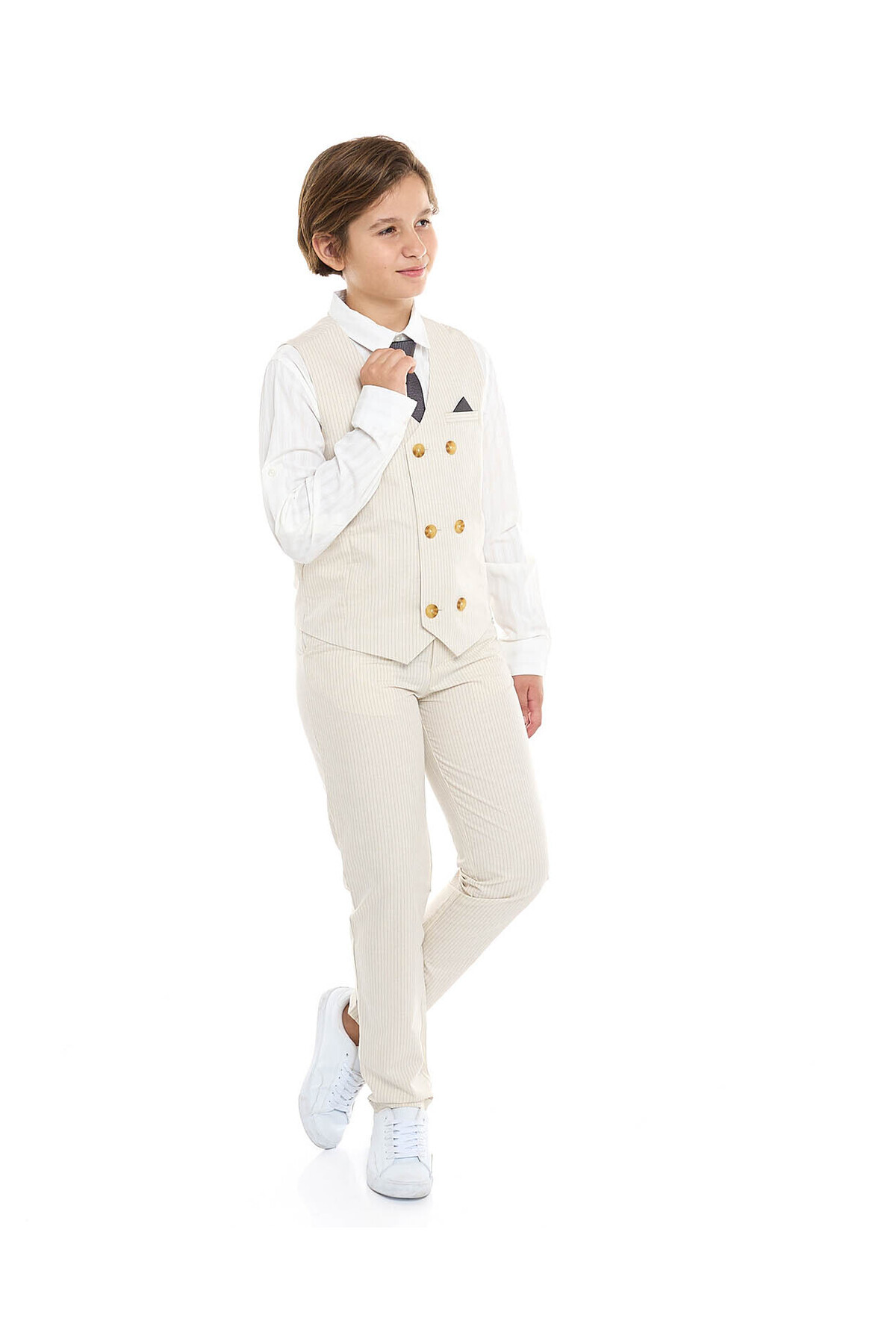 R&B-Striped Slim Fit Pants with Button Closure 1
