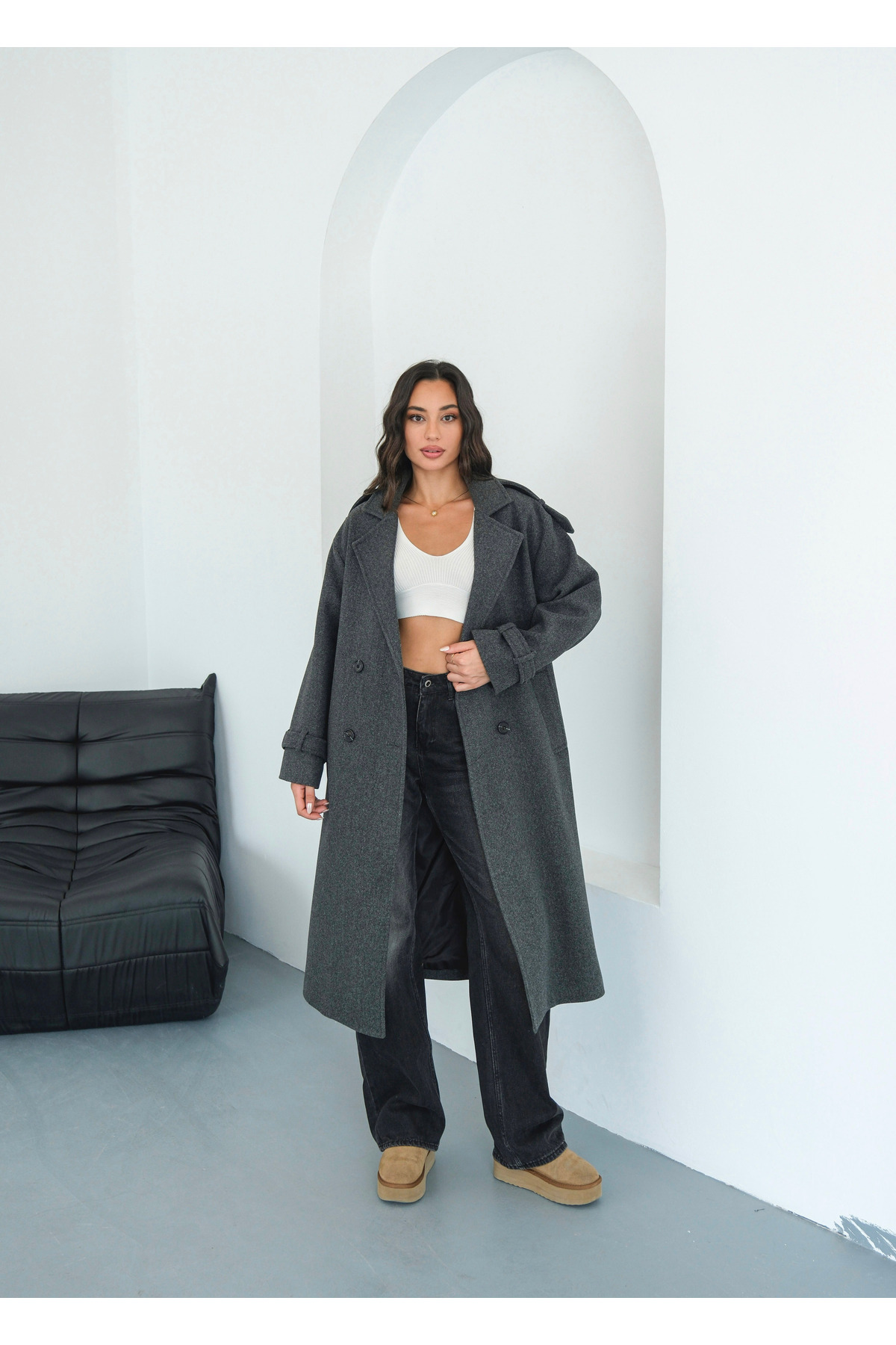 Le Savu  SHILSEE KADIN ANTRASİT KRUVAZE YAKA KUŞAKLI APOLETLİ CEPLİ KAŞE KABAN - Görsel 6