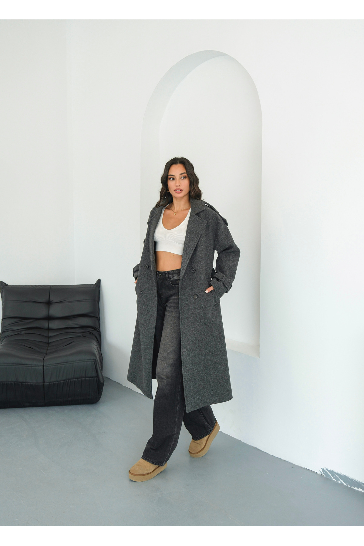 Le Savu  SHILSEE KADIN ANTRASİT KRUVAZE YAKA KUŞAKLI APOLETLİ CEPLİ KAŞE KABAN - Görsel 7