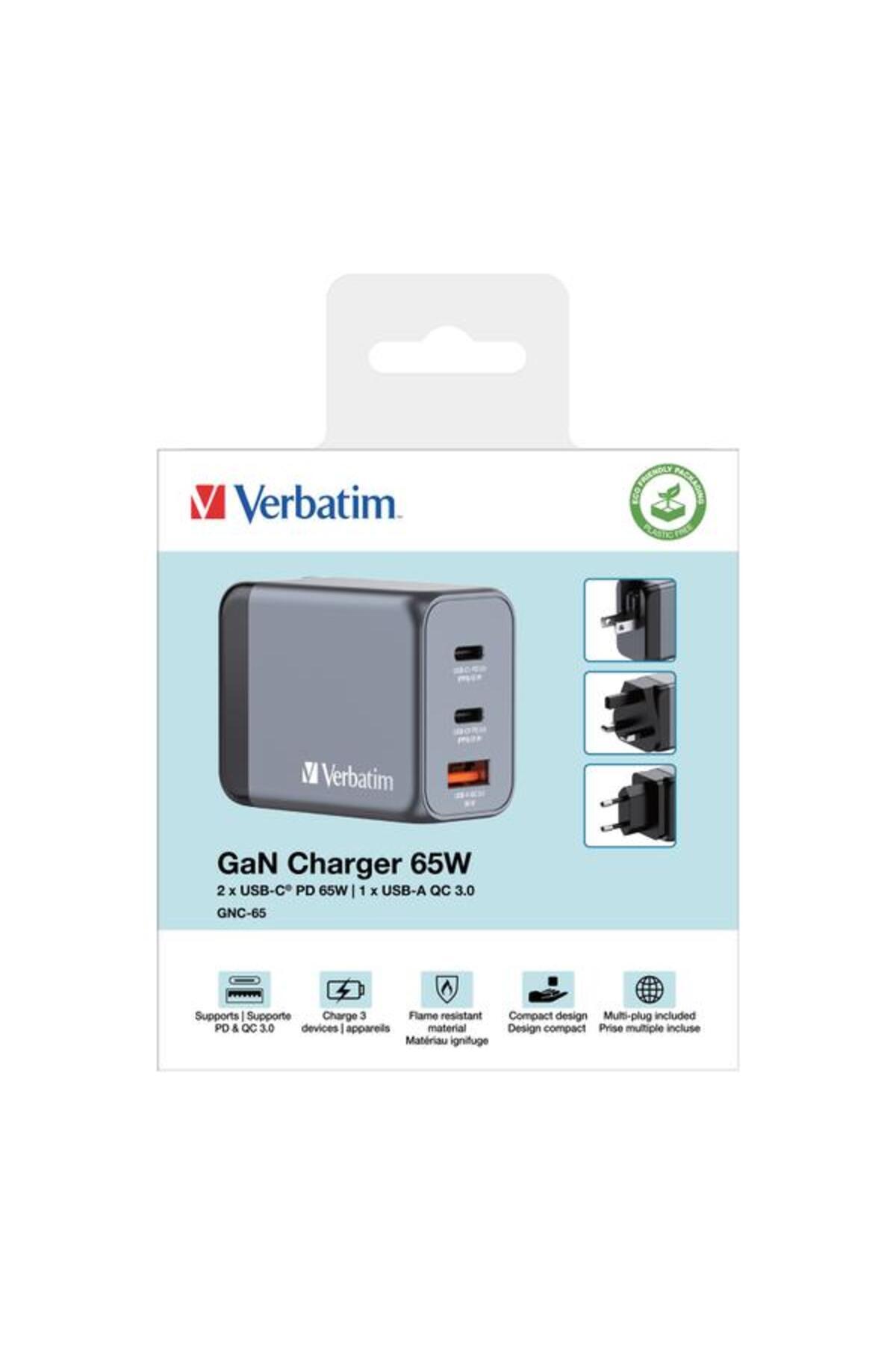 Verbatim-GNC-65 Network Charger, 65 W, 2 x USB Type-C, 1 x USB-A EU/UK/US (Black/Grey) 6