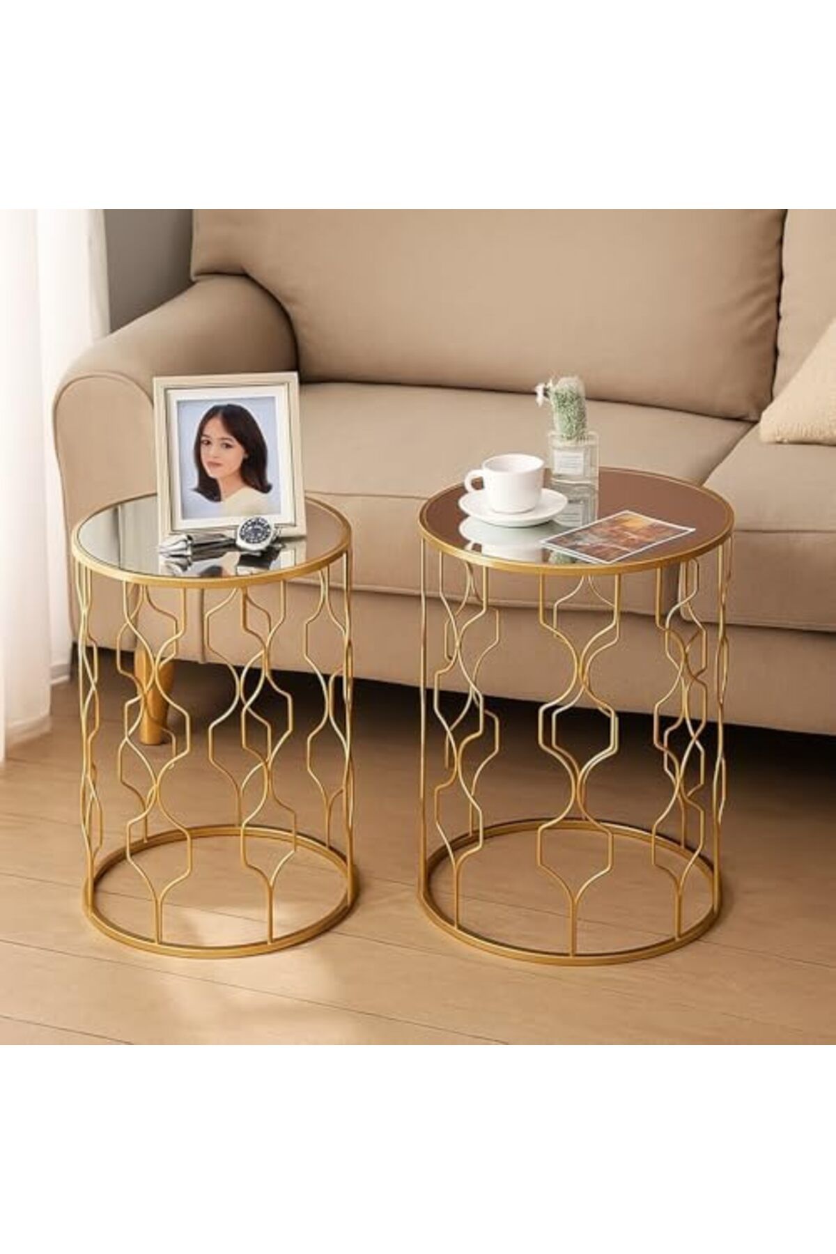 genric-FFD Reflective Nested Side Tables (Set of 2) - Golden Metal Frame Coffee Tables 3