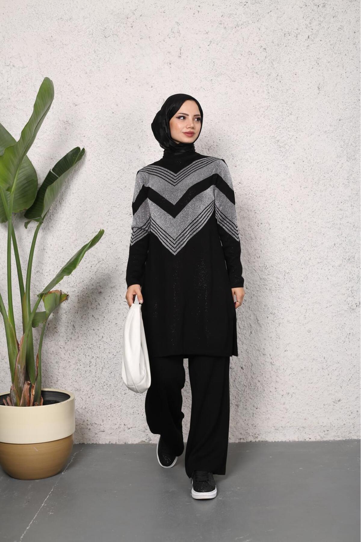 nacar çarşı Kadın Kendinden Simli Uzun Triko Tunik Kazak – Günlük & Şık