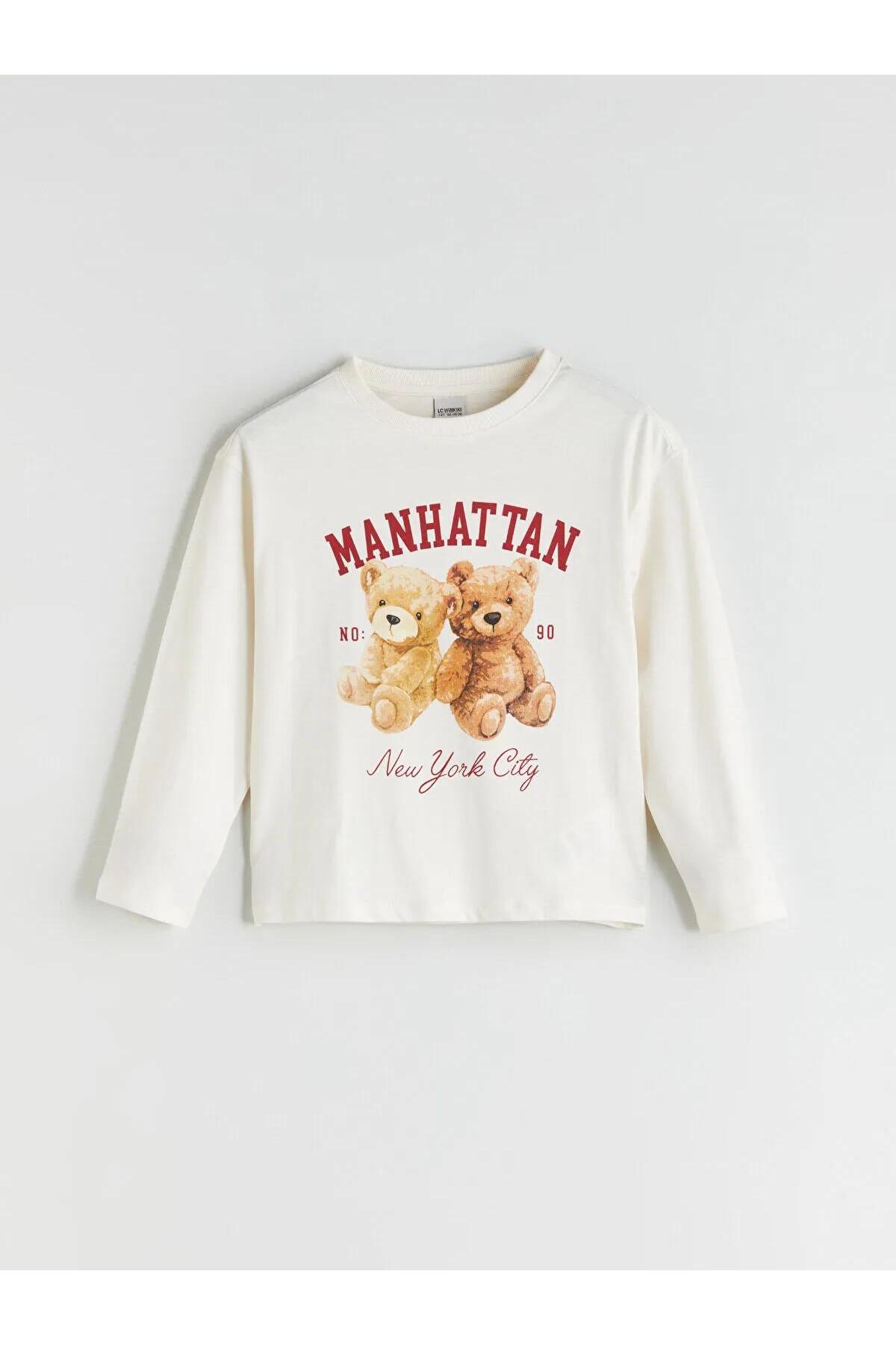 ال سی وایکیکی تی‌شرت آستین بلند طرح‌دار دخترانه یقه گرد LCW (W5)