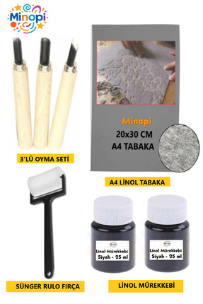 Minopi Linol Tabaka Levha 2.5 Mm 20X30 Cm , Siyah Mürekkep , Rulo Sünger , 3'...