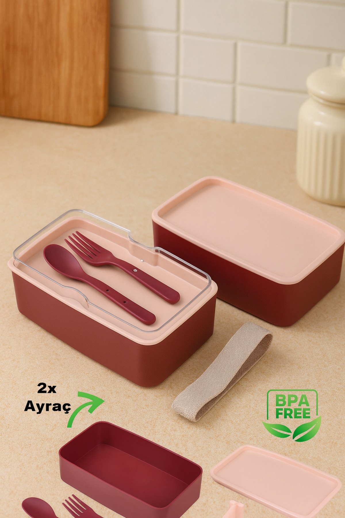 NY HOME-Lunch Box 2 Layer Adjustable Fork Spoon Food Storage Container Plum 2