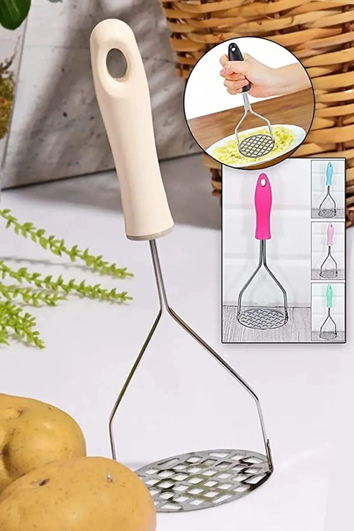 Evvano Plastik Saplı Delikli Metal Paslanmaz Patates Muz Yumurta Ezici Püre Yapıcı