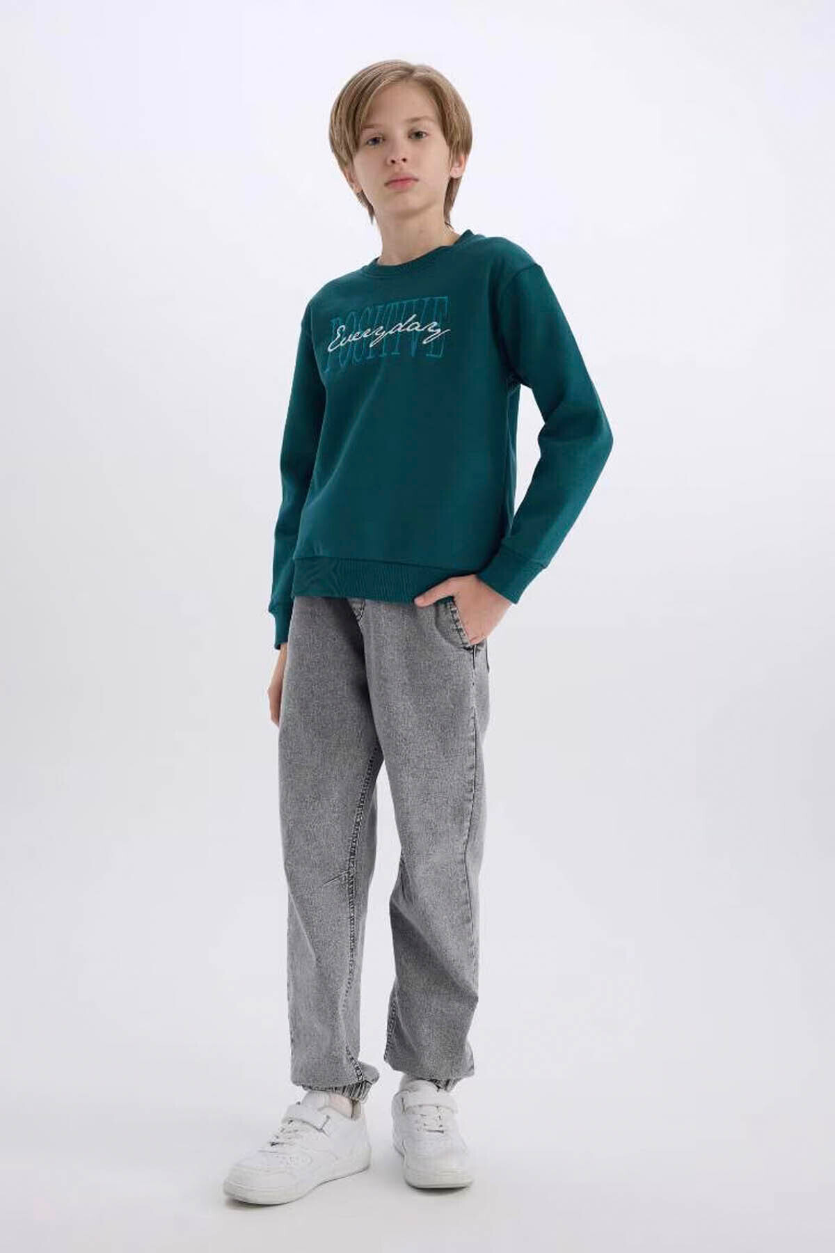 Defacto Bisiklet Yaka Baskılı Yeşil Erkek Çocuk Sweatshirt D3036A8