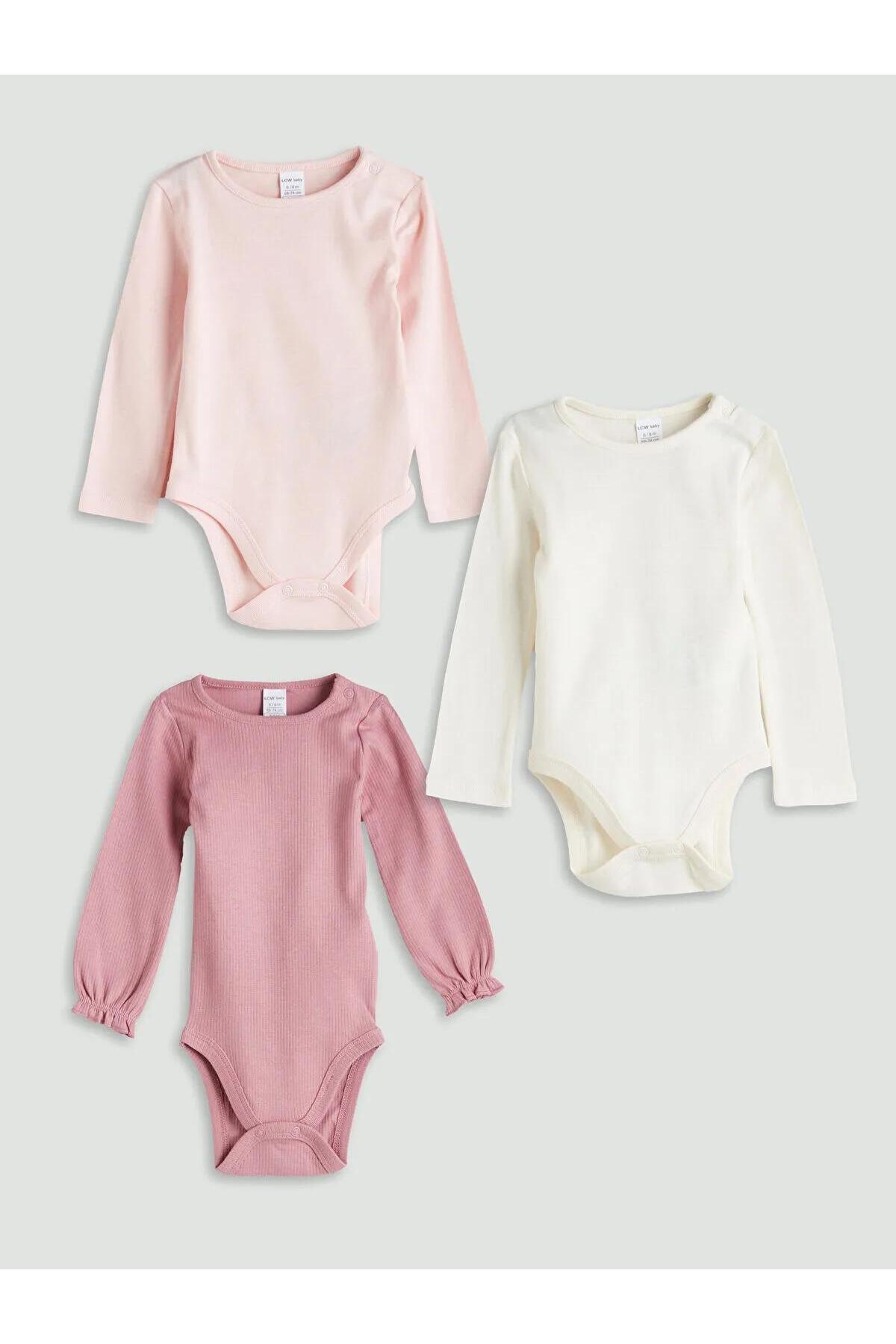 ال سی وایکیکی بادی نوزادی دخترانه یقه گرد LC بسته ۳ عددی (W5)