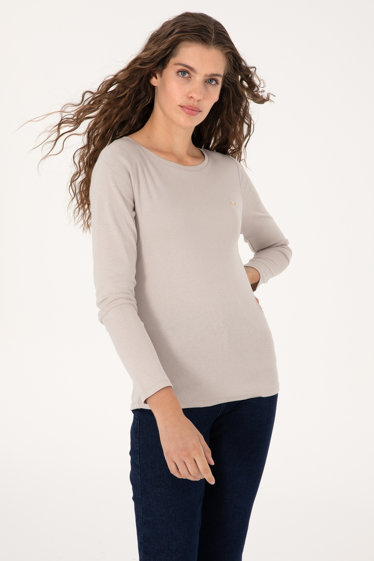 U.S. Polo Assn.  Kadın Taş Slim Bisiklet Yaka Basic Sweatshırt 50315419-VR049 - Görsel 3