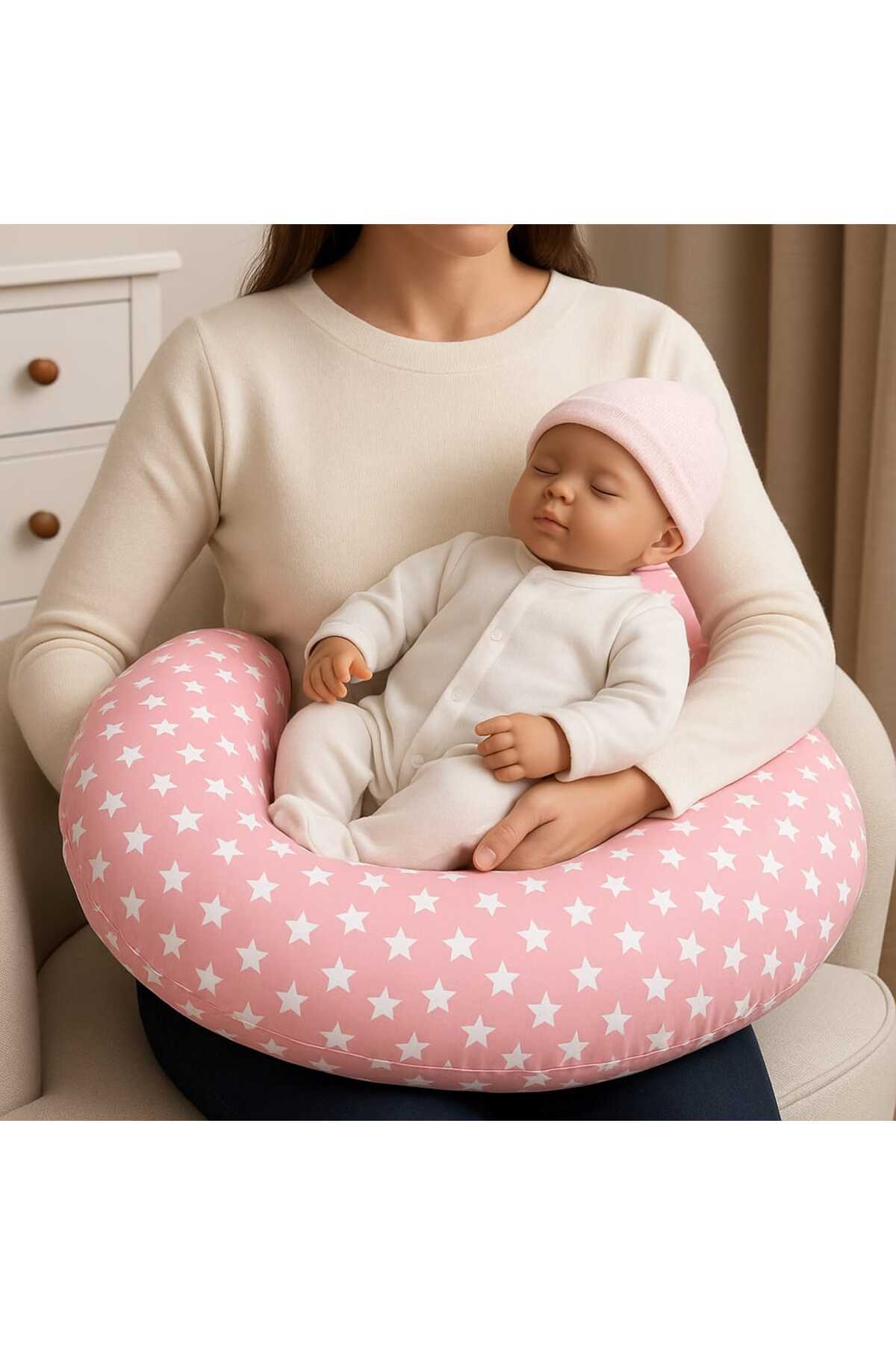 UMEL HOME Emzirme Yastığı / Bebek Destek Minderi, Hamile Yastığı, Pamuklu Kumaş Yıldız Desen PEMBE