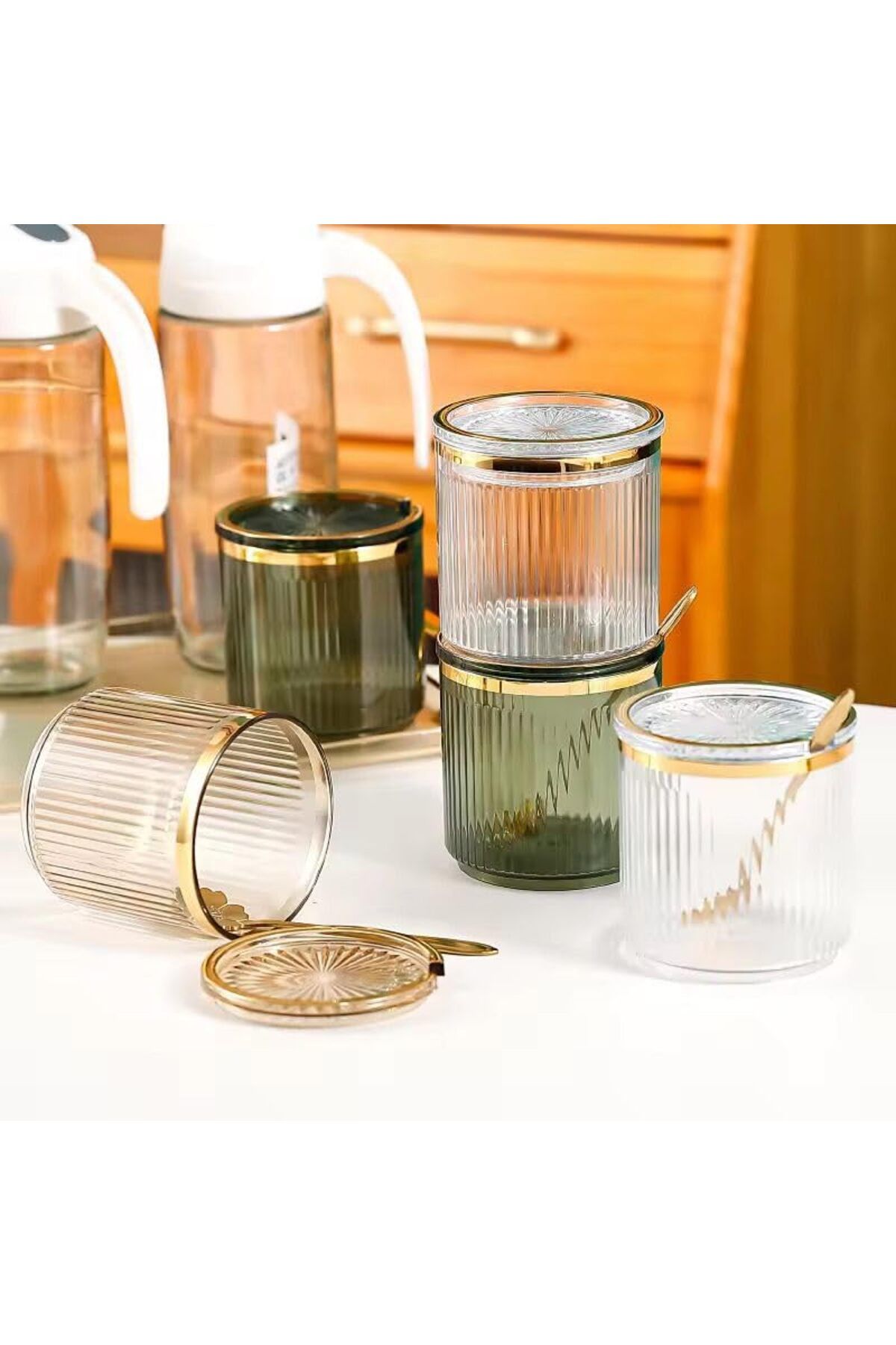 COOYA-3 Pack Clear Acrylic Condiment Spice Jars,Condiment Spice Box With Lids and Spoons and Tray,360ML 5