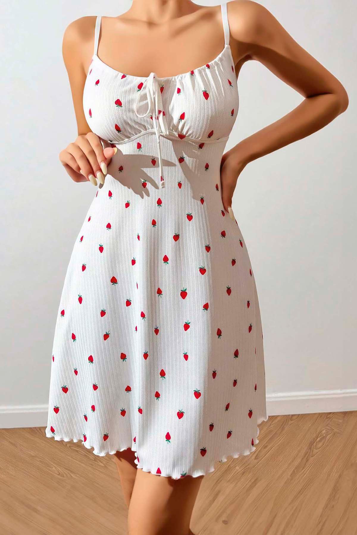 Fulla Moda-Strawberry Patterned Nightgown with Tie-Up Front and Rope Strap 2