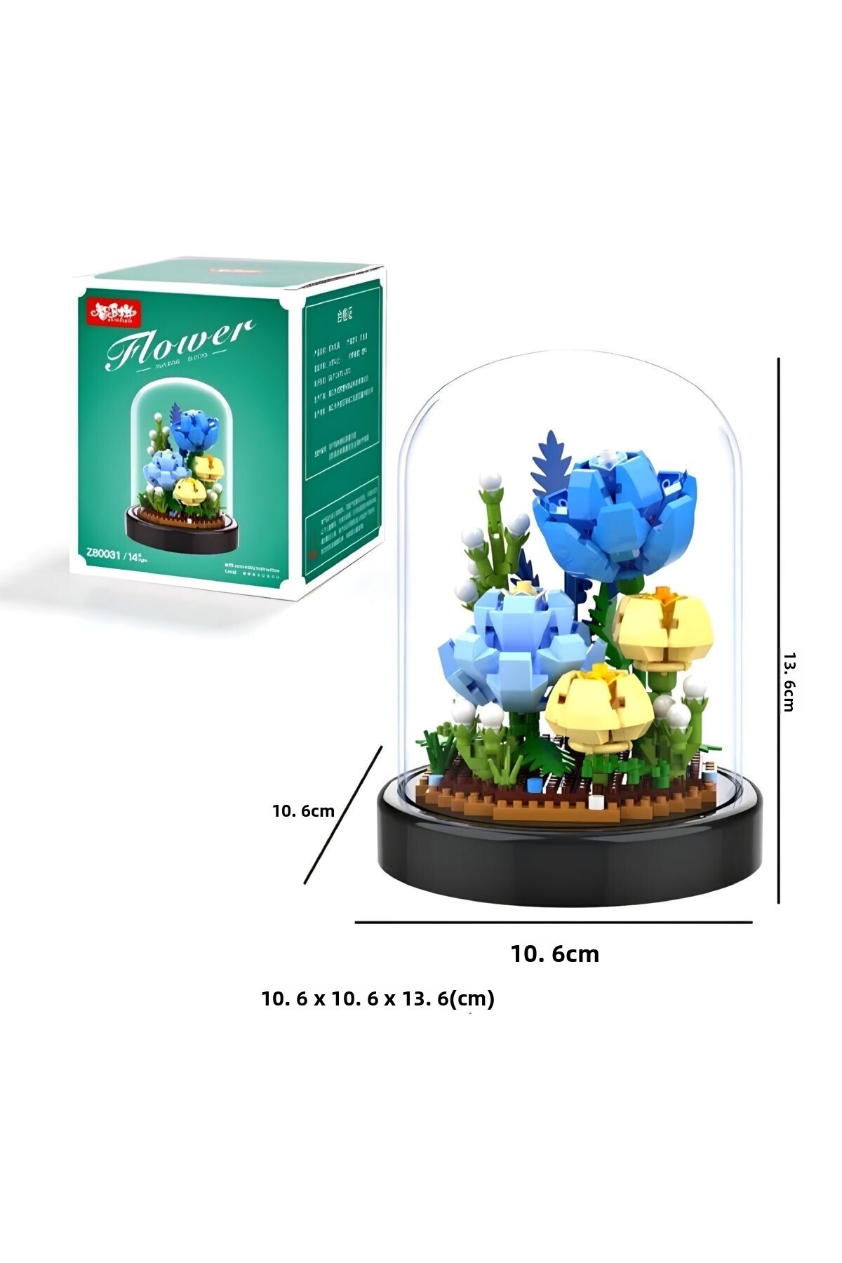 ست گل‌های آبی و زرد در بادبزن شیشه‌ای - آرایش گل تزئینی