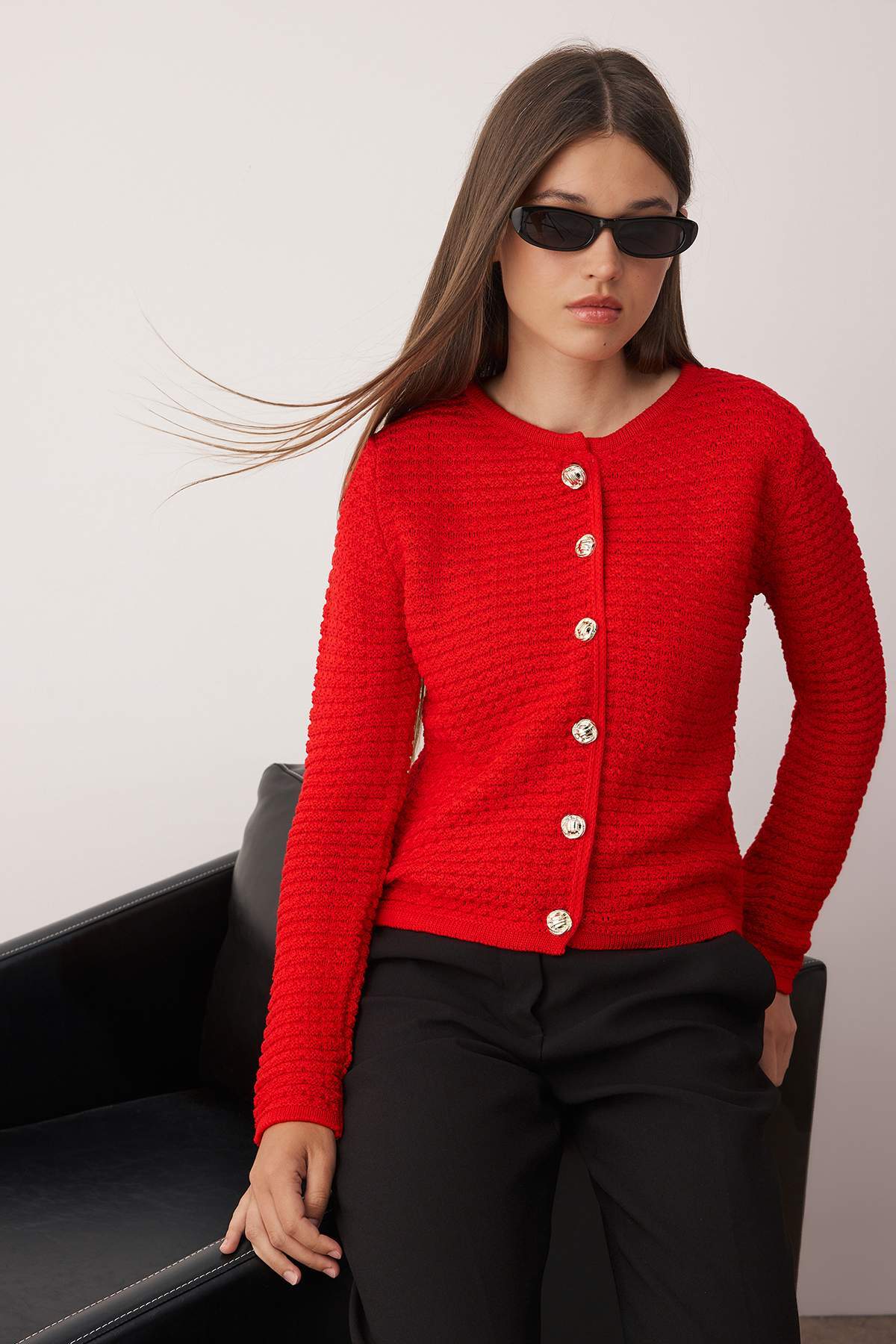 Trendyolmilla  Kırmızı Dokulu Pamuk Görünümlü Triko Hırka TWOAW26HI00186