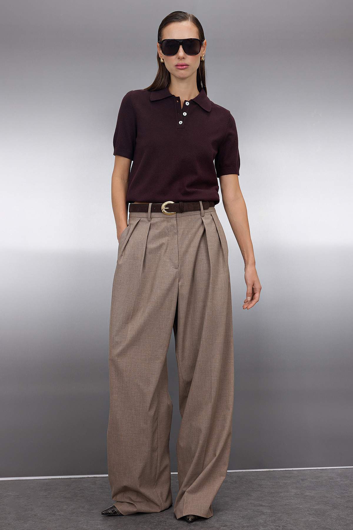 Trendyolmilla  Kahverengi Polo Yaka Premium İplik / Özel İplik Triko İnce Bluz TWOSS25BZ00184 - Görsel 2