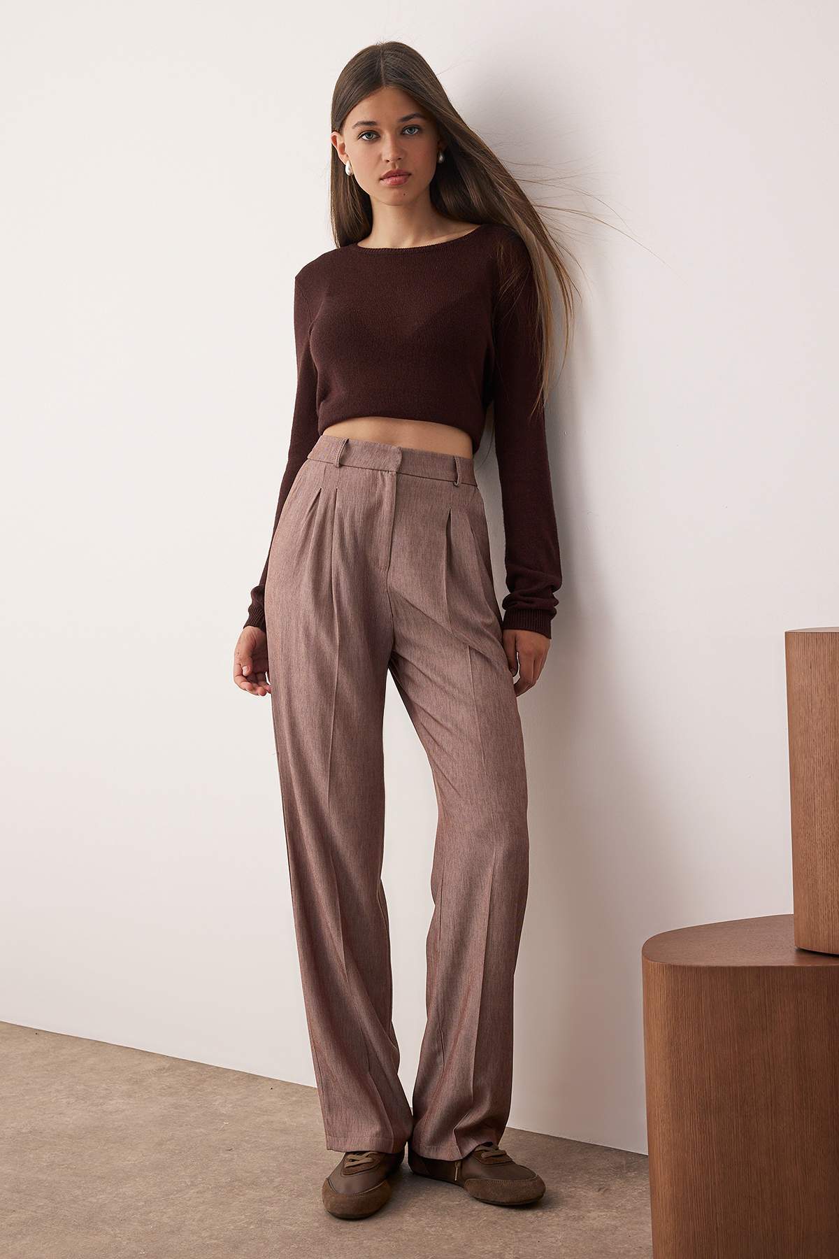 Trendyolmilla  Kahverengi Pilili Wide Leg/Geniş Paça Pantolon TWOAW26PL00015 - Görsel 3