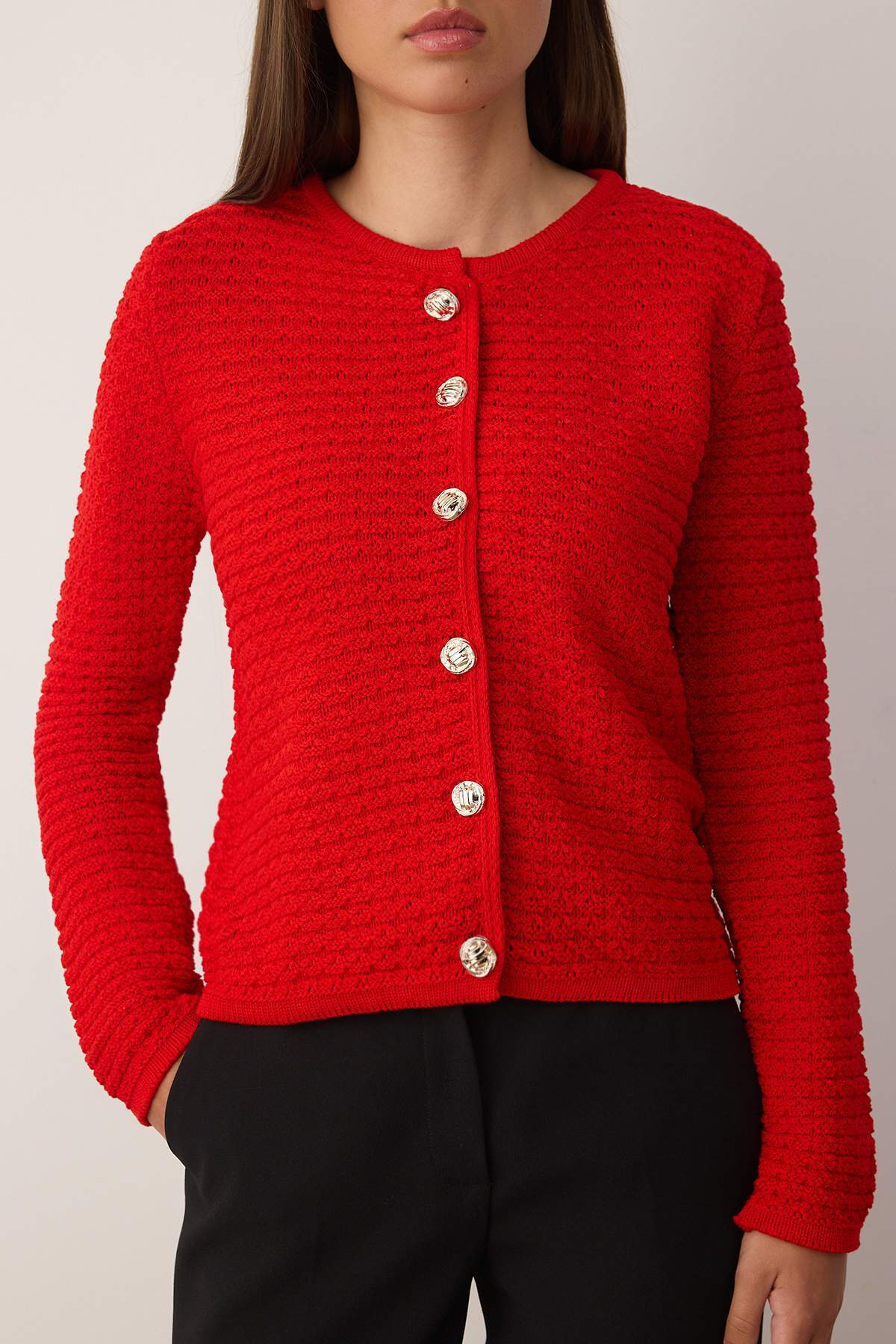 Trendyolmilla  Kırmızı Dokulu Pamuk Görünümlü Triko Hırka TWOAW26HI00186 - Görsel 3