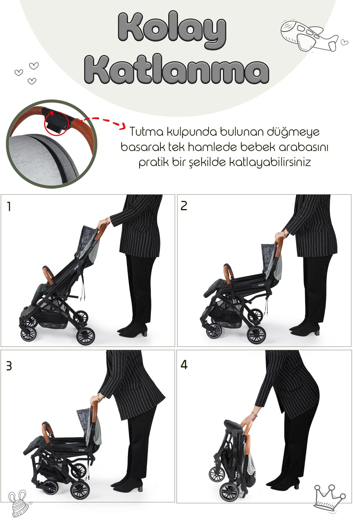 Prego Lotus Tek Elle Katlanabilir Kabin Boy Bebek Arabası Yağmurluk Hediyeli fotoğrafı 5 (önizleme)