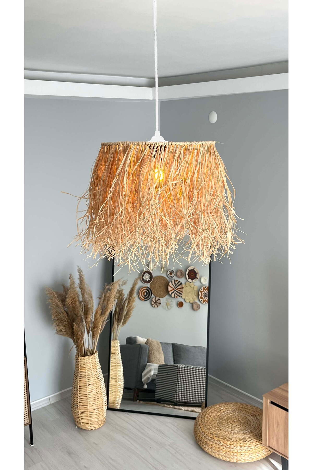 Raffia Chandelier with Straw Fringe - Handmade Frequently Knitted Bohemian Chandelier - Balcony Living Room Chandelier (WHITE hearth)