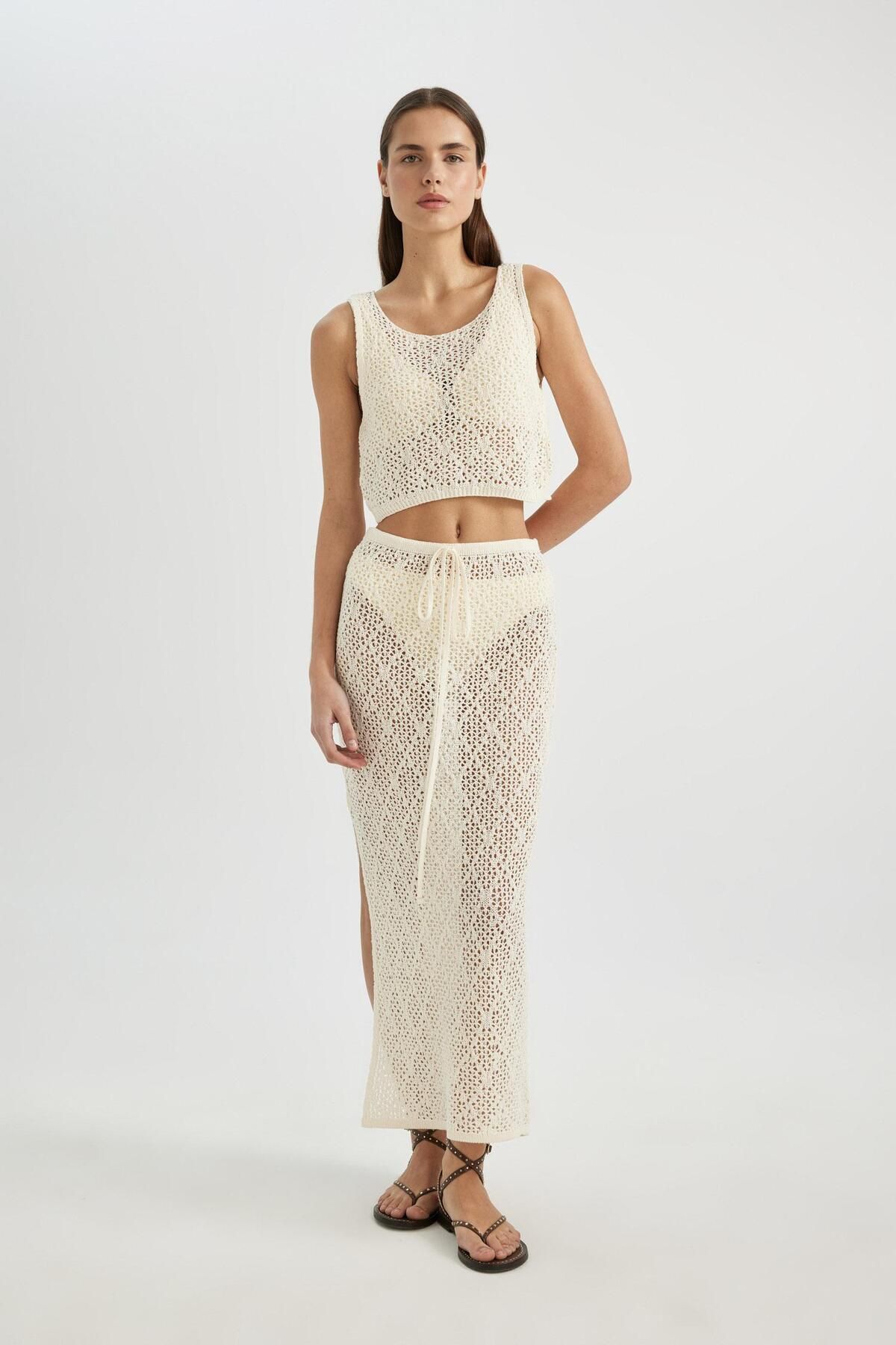 DeFacto-Regular Fit áttört kötöttáru Maxi Beach szoknya-Fall in Love B6888AX24SM 1