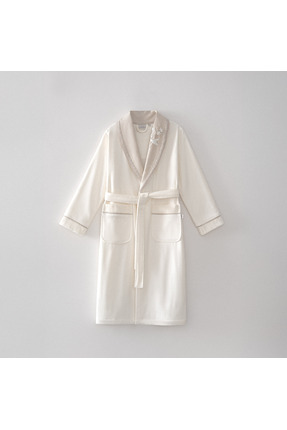 Ecocotton Ayliz Kadın Bornoz %100 Organik Pamuk Pamuk Keten El Nakışlı Krem