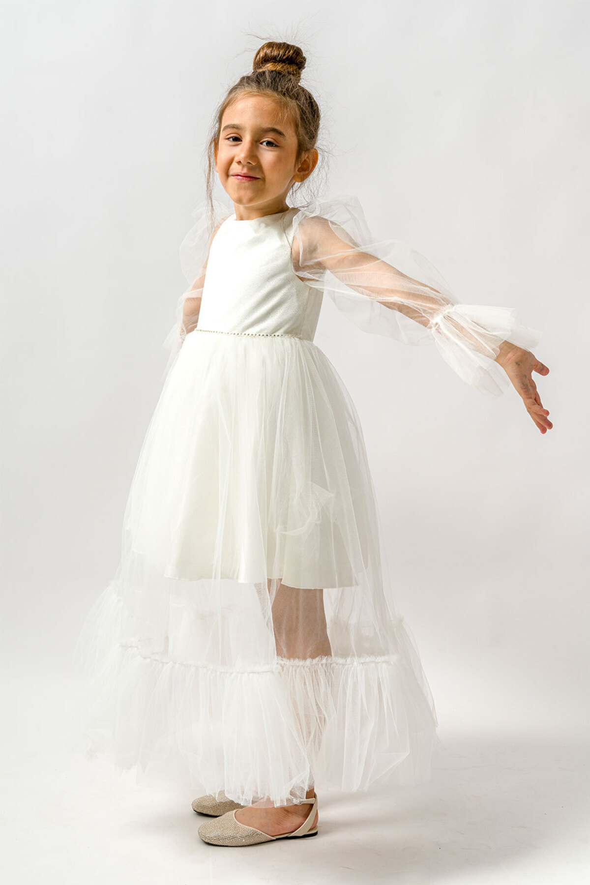 Le Mabelle-Ecru Sleeves Tulle Detailed Stoned Long Dress for Girls - Calla 1