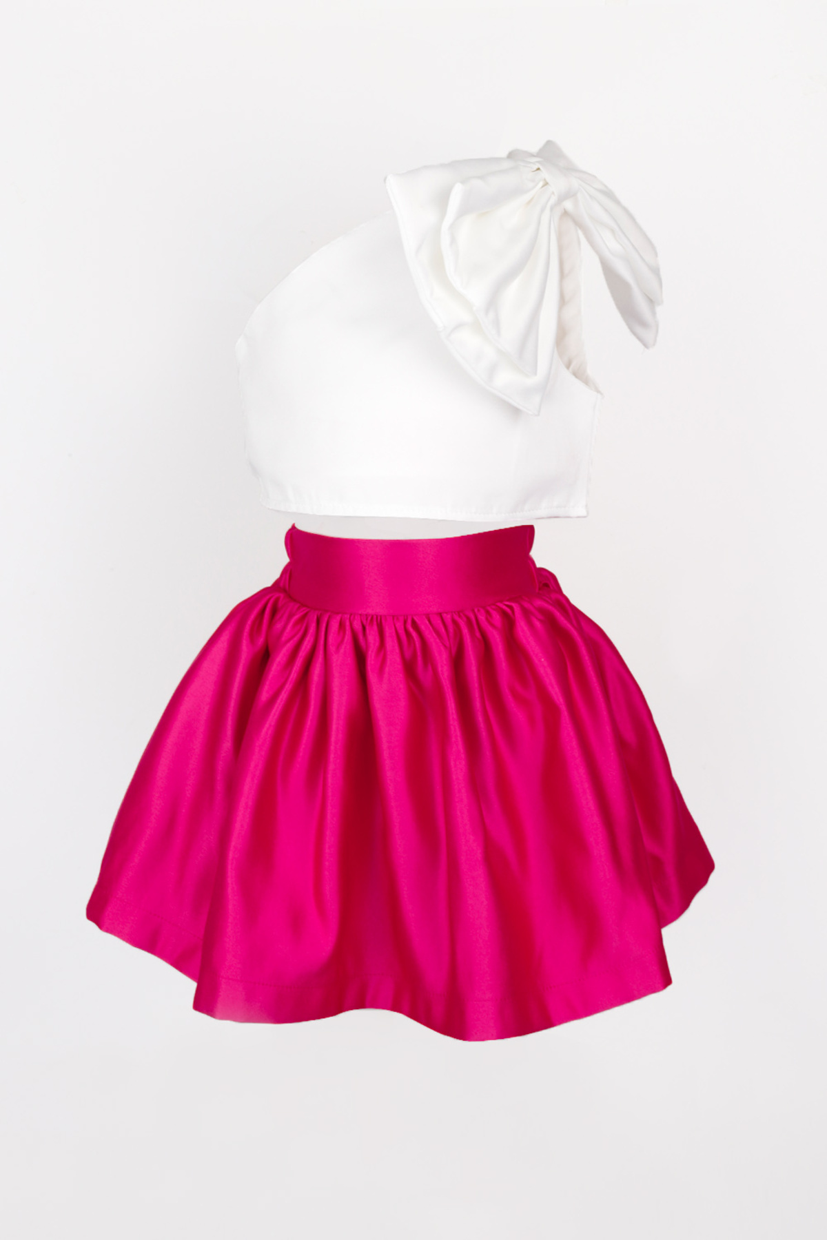 Le Mabelle-Fuchsia One-Shoulder Bow Detailed Skirt Crop Girl's Double Set - Luisa 3