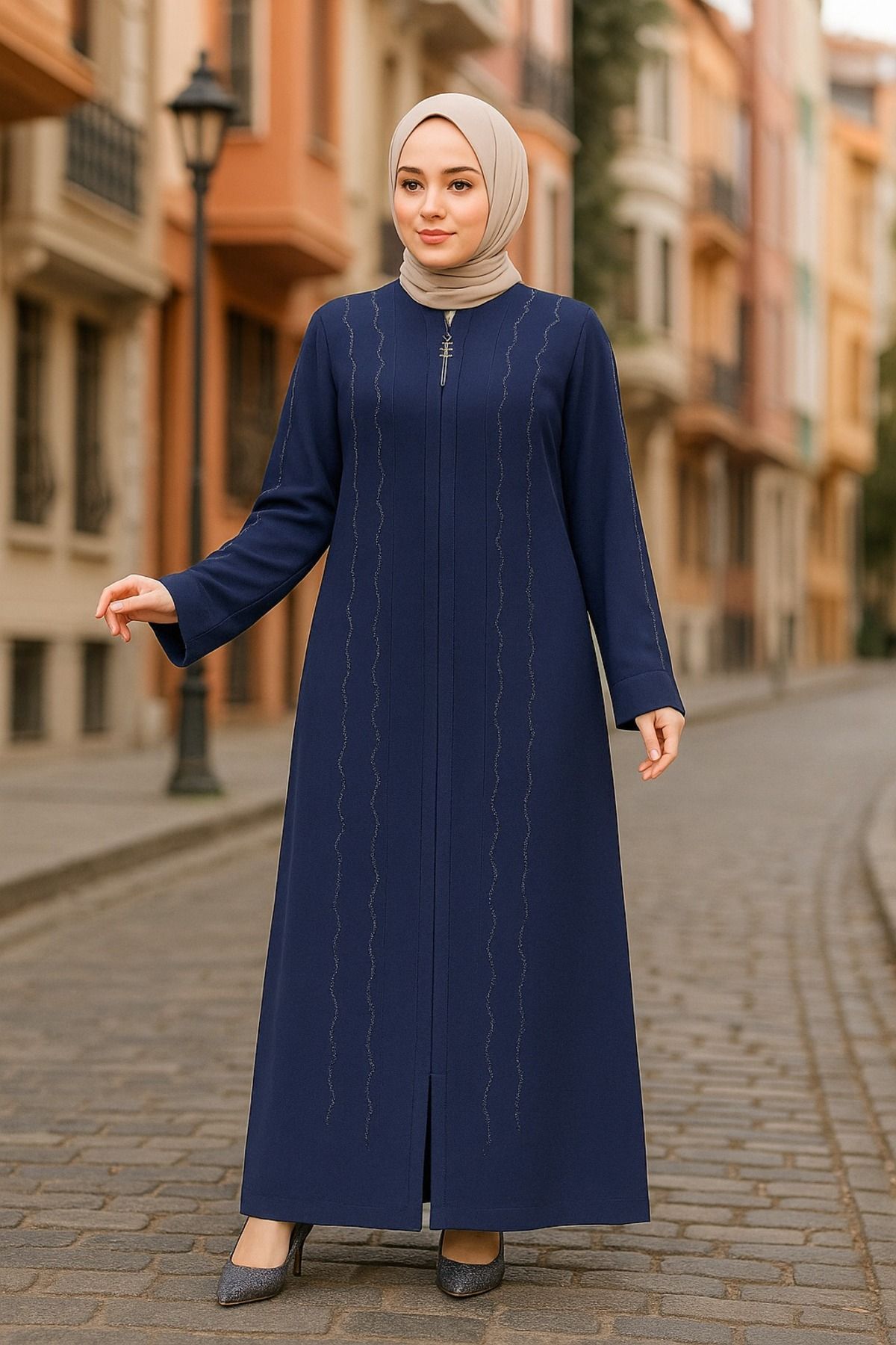 Neva Style-Bead Embroidered Navy Blue Hijab Ferace 29113L 1