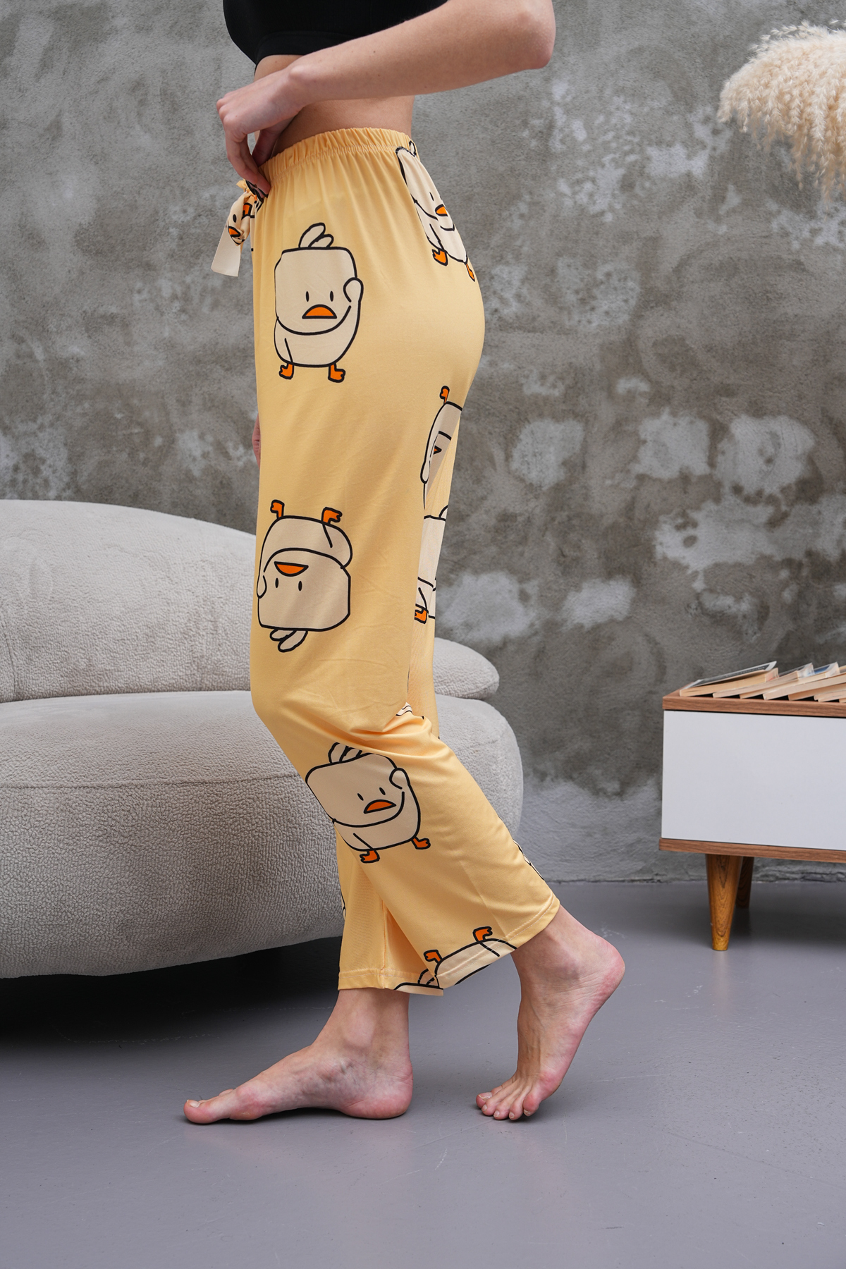 Women's High Waist Printed Soft Textured Milanese Pajamas Bottom Yellow Chick