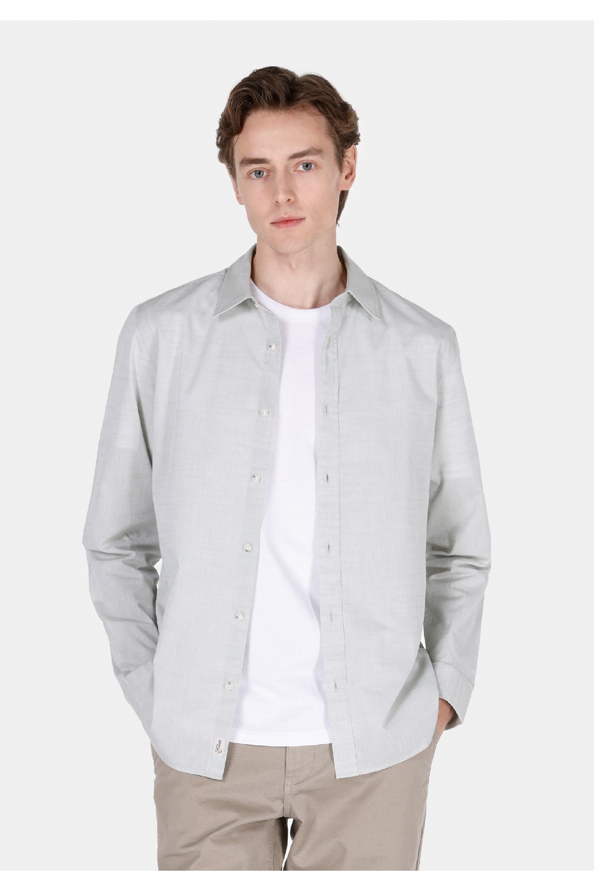 کالینز پیراهن مردانه آستین بلند ساده سبز یقه گرد معمولی