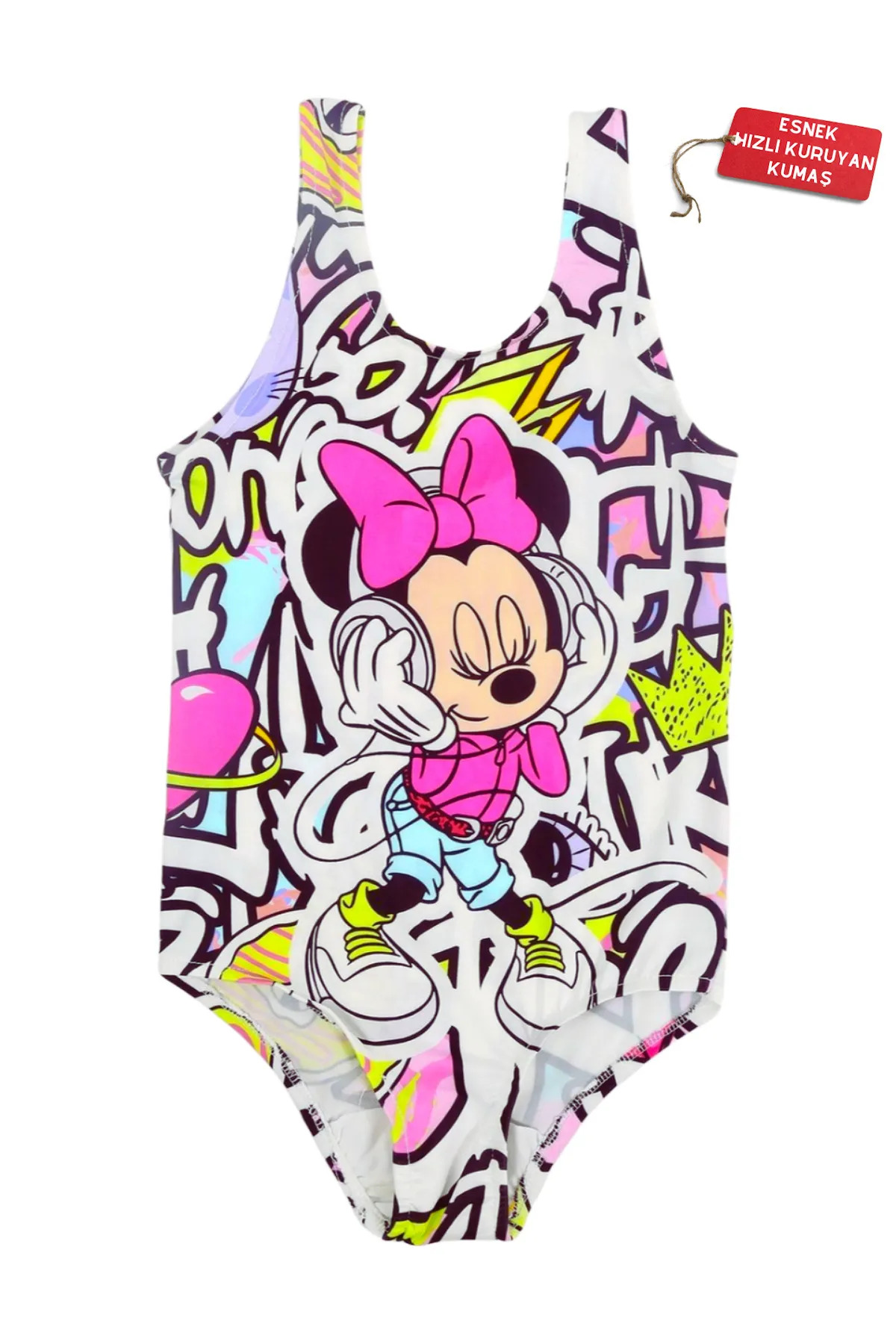 Papiş Kız Çocuk Mayo Minnie Mouse Graffiti Desenli Rahat Hızlı Kuruyan Mayo Deniz Havuz Plaj Mayosu fotoğrafı 7 (önizleme)