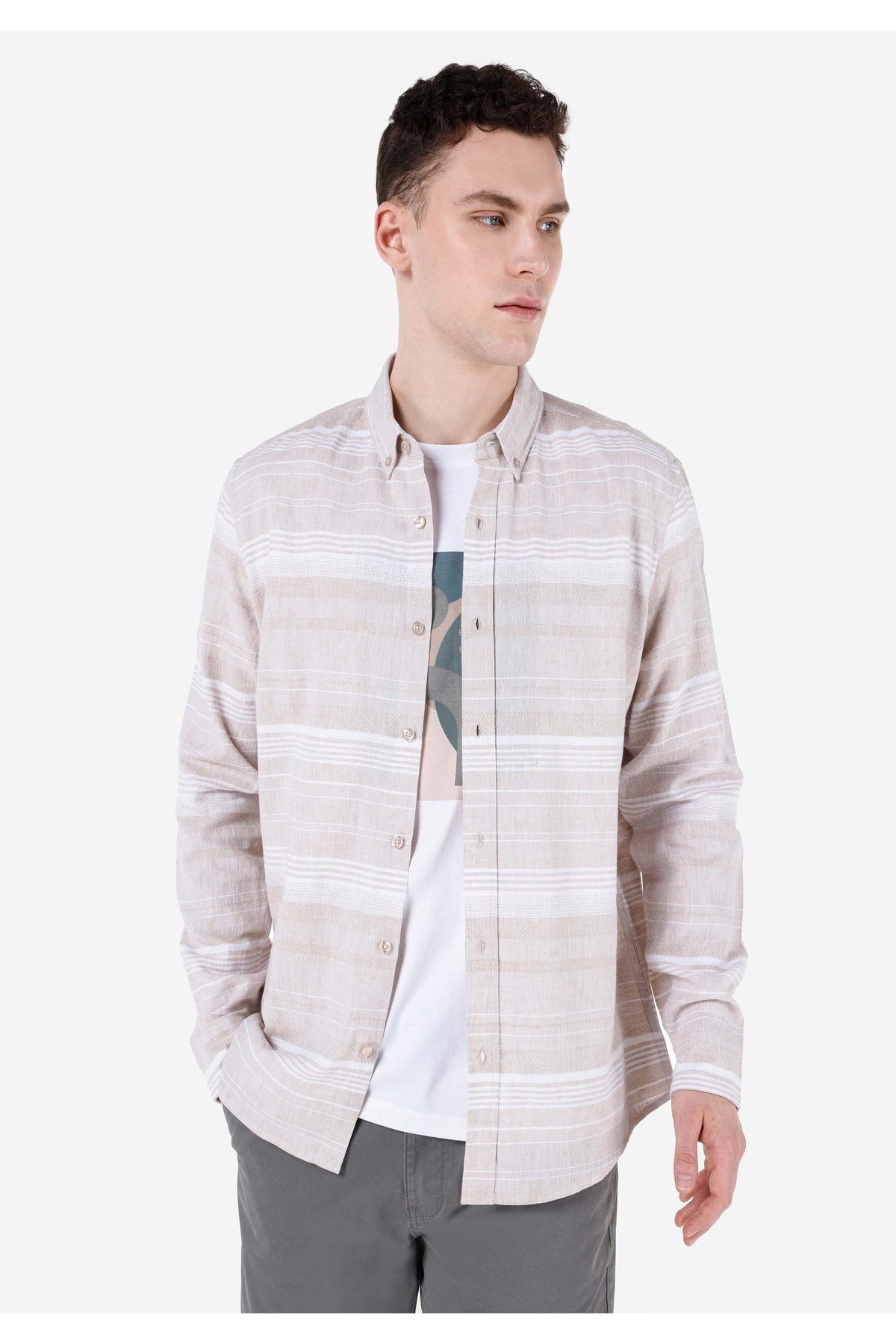 کالینز پیراهن مردانه آستین بلند راه راه یقه گرد معمولی بژ