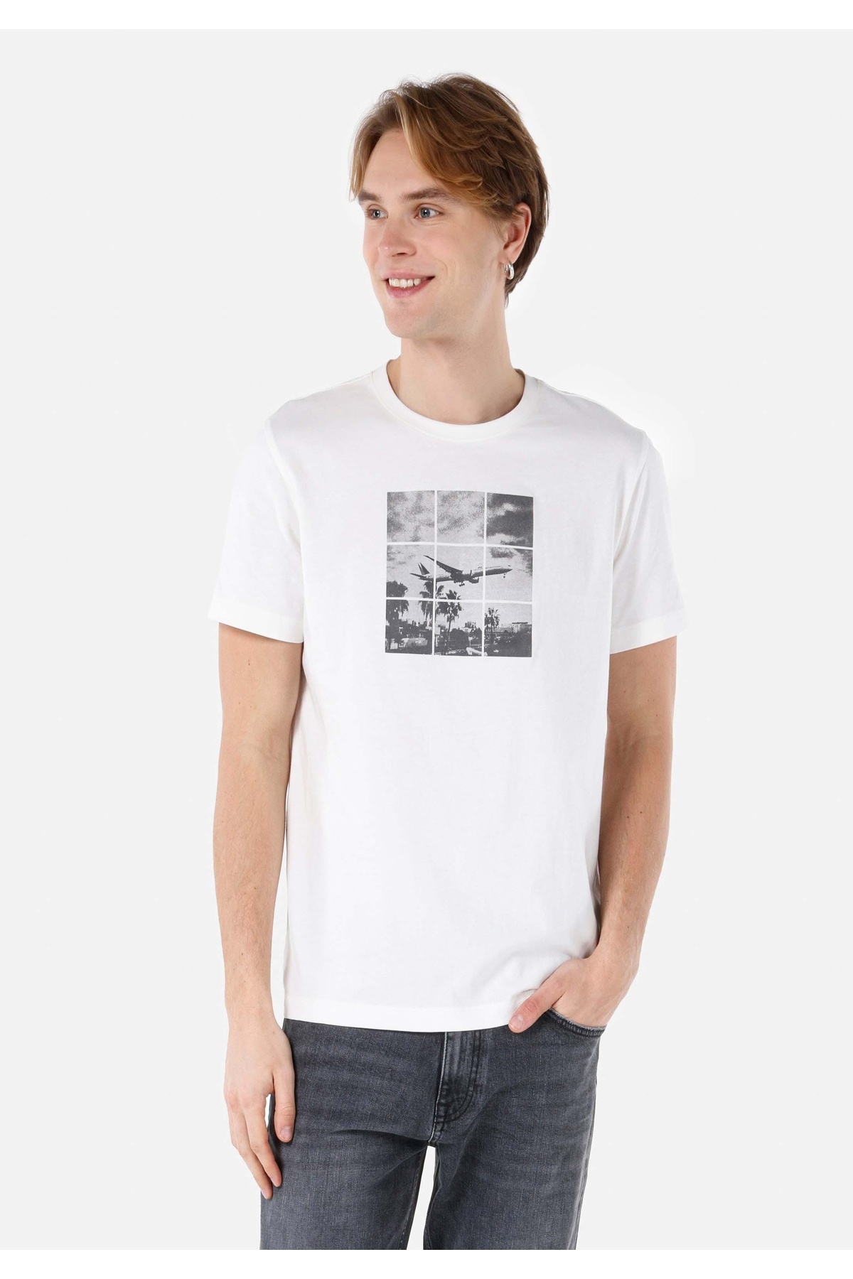 کالینز تی‌شرت آستین کوتاه مردانه سفید طرح‌دار یقه گرد معمولی CL1067981