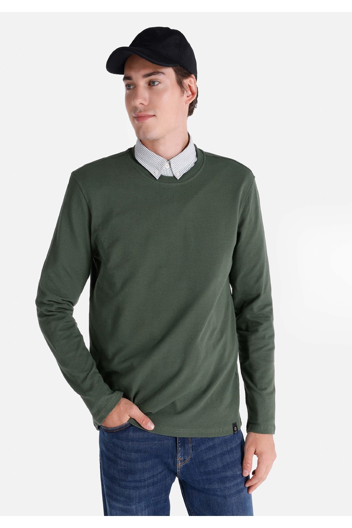 کالینز تی‌شرت آستین بلند مردانه طرح ژاکارد یقه گرد معمولی فیت سبز