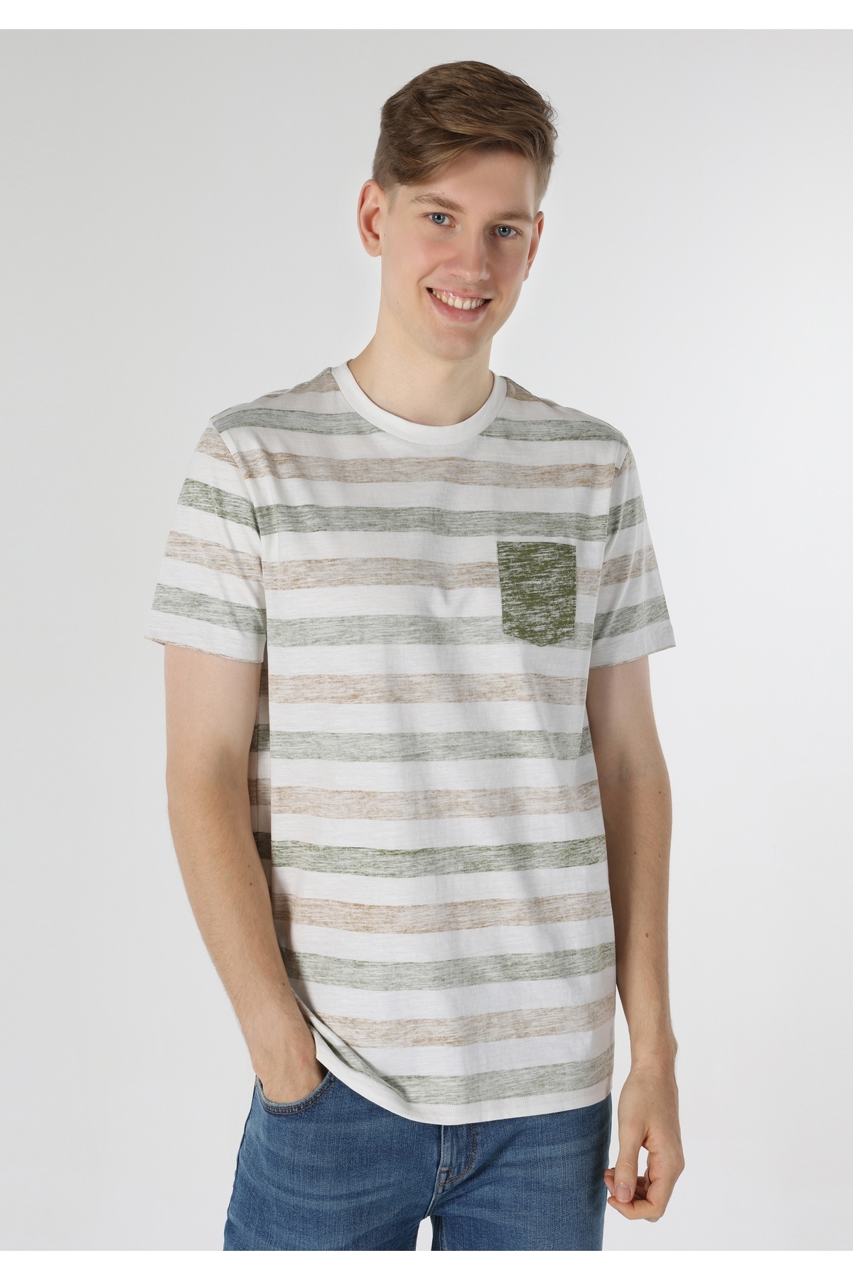 Colin's-Tricou cu mânecă scurtă pentru bărbați, cu linie rotundă, cu linie verde 1