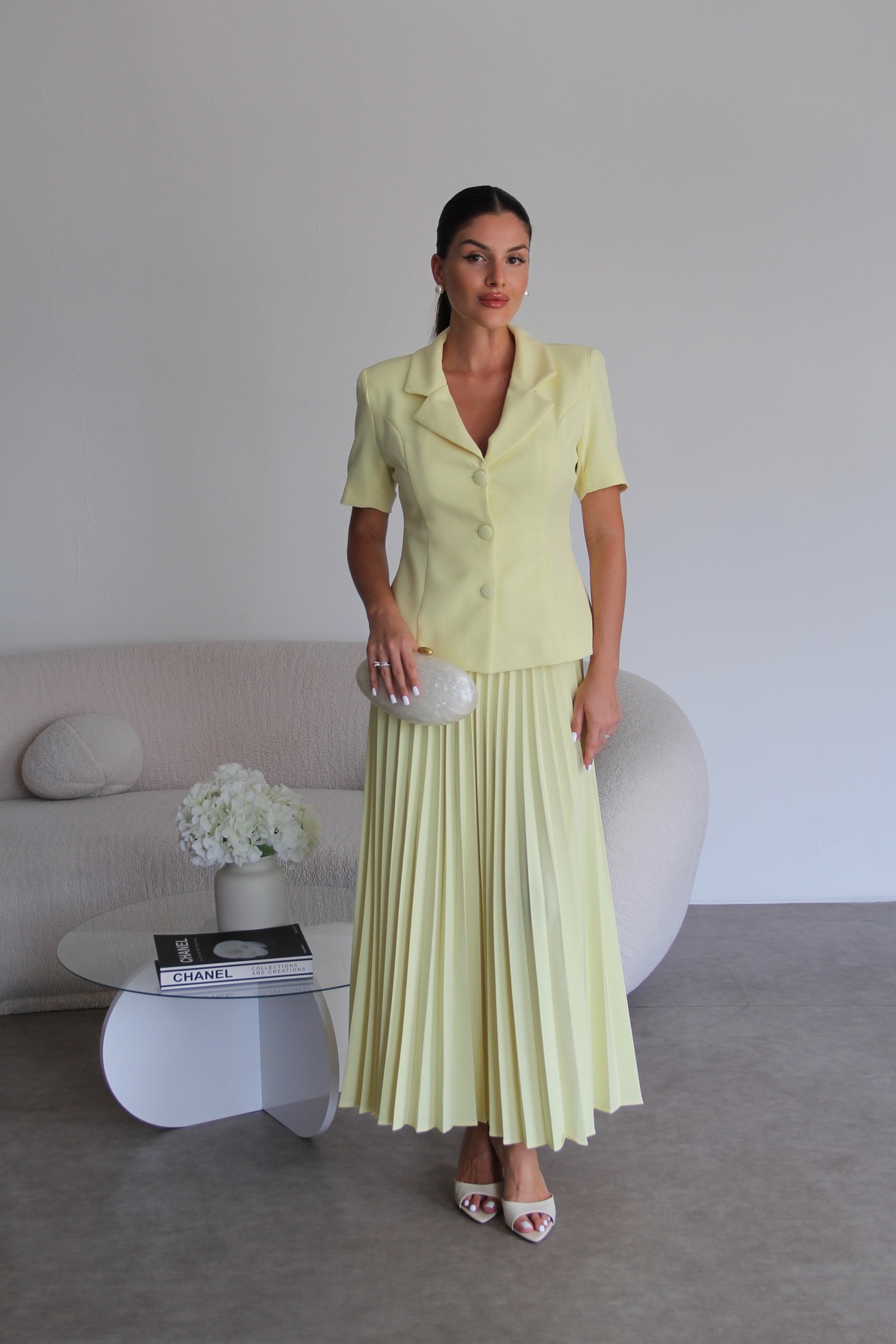 Yellow Pleated Skirt Short Sleeve Jacket Bottom Top Premium Set