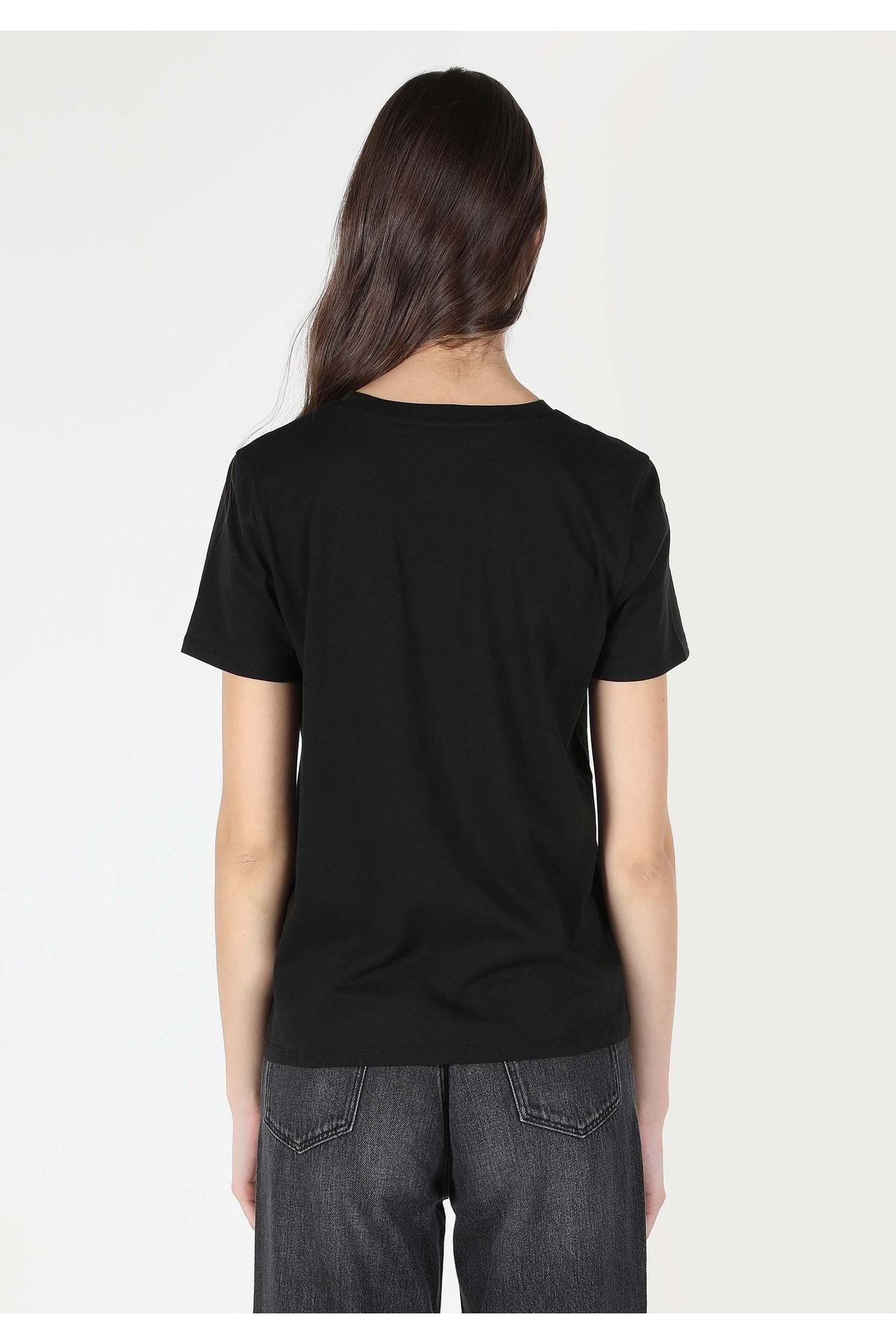 Colin's-Regular Fit Crew Neck Printed Black Women's Short Sleeve T-Shirt 2