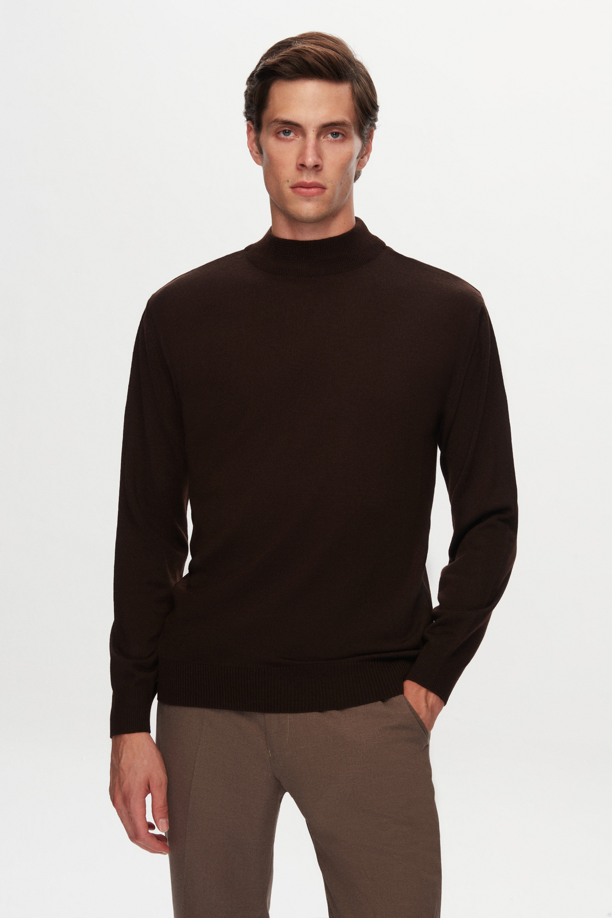 دی اس دامات ژاکت بافتنی پشمی ساده قهوه‌ای دی‌دامات مدل Regular Fit