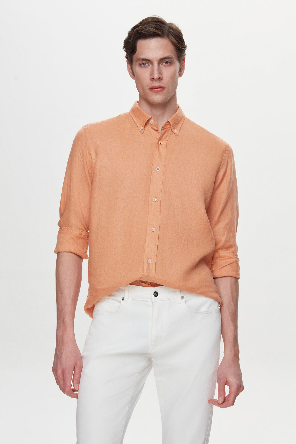 دی اس دامات پیراهن راحتی دی‌اس دامات مدل کامفورت دارچینی شعله‌دار ۱۰۰٪ کتان