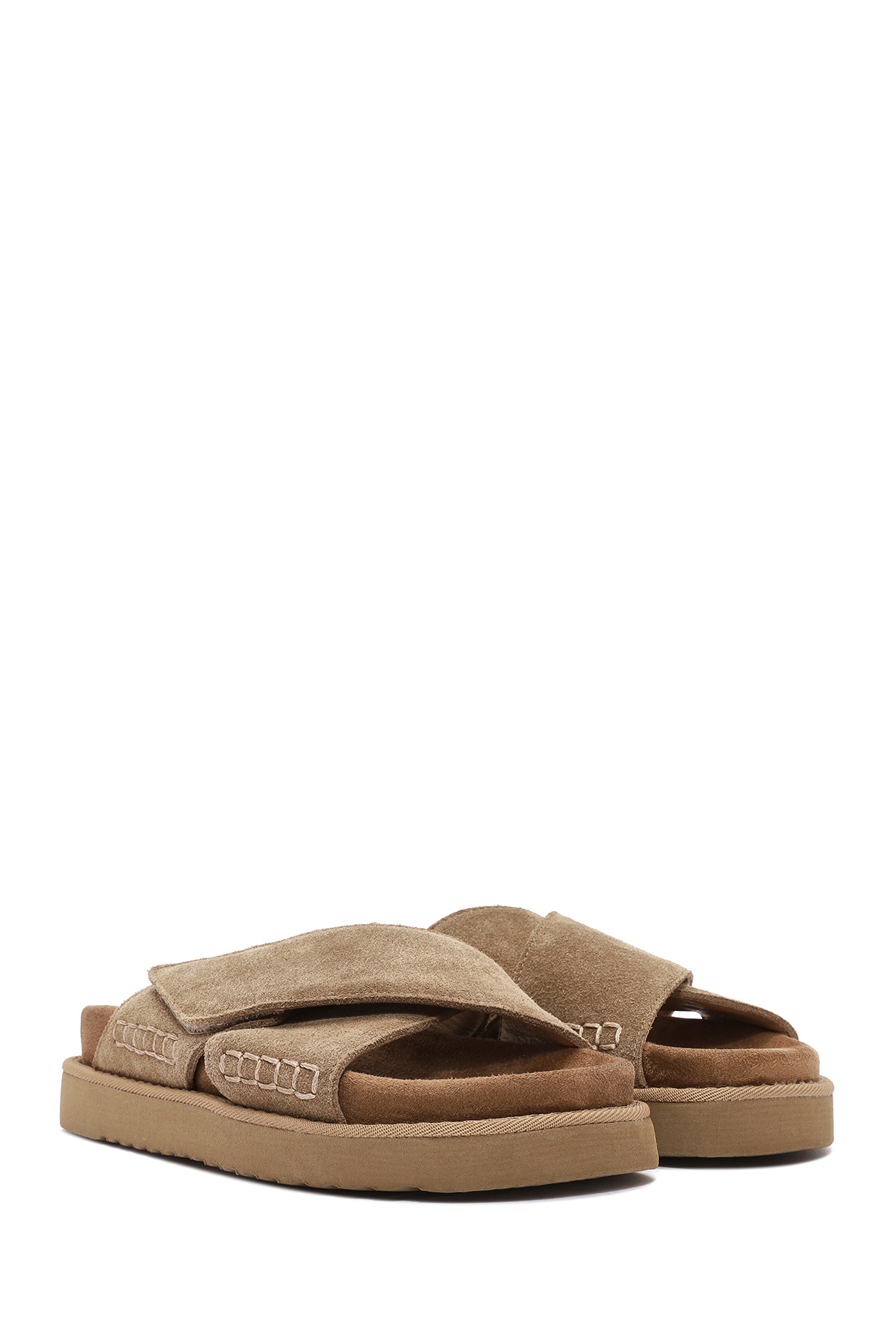 Derimod-Women's Tan Banded Thick Soled Suede Leather Slippers 25Sfd405210 3
