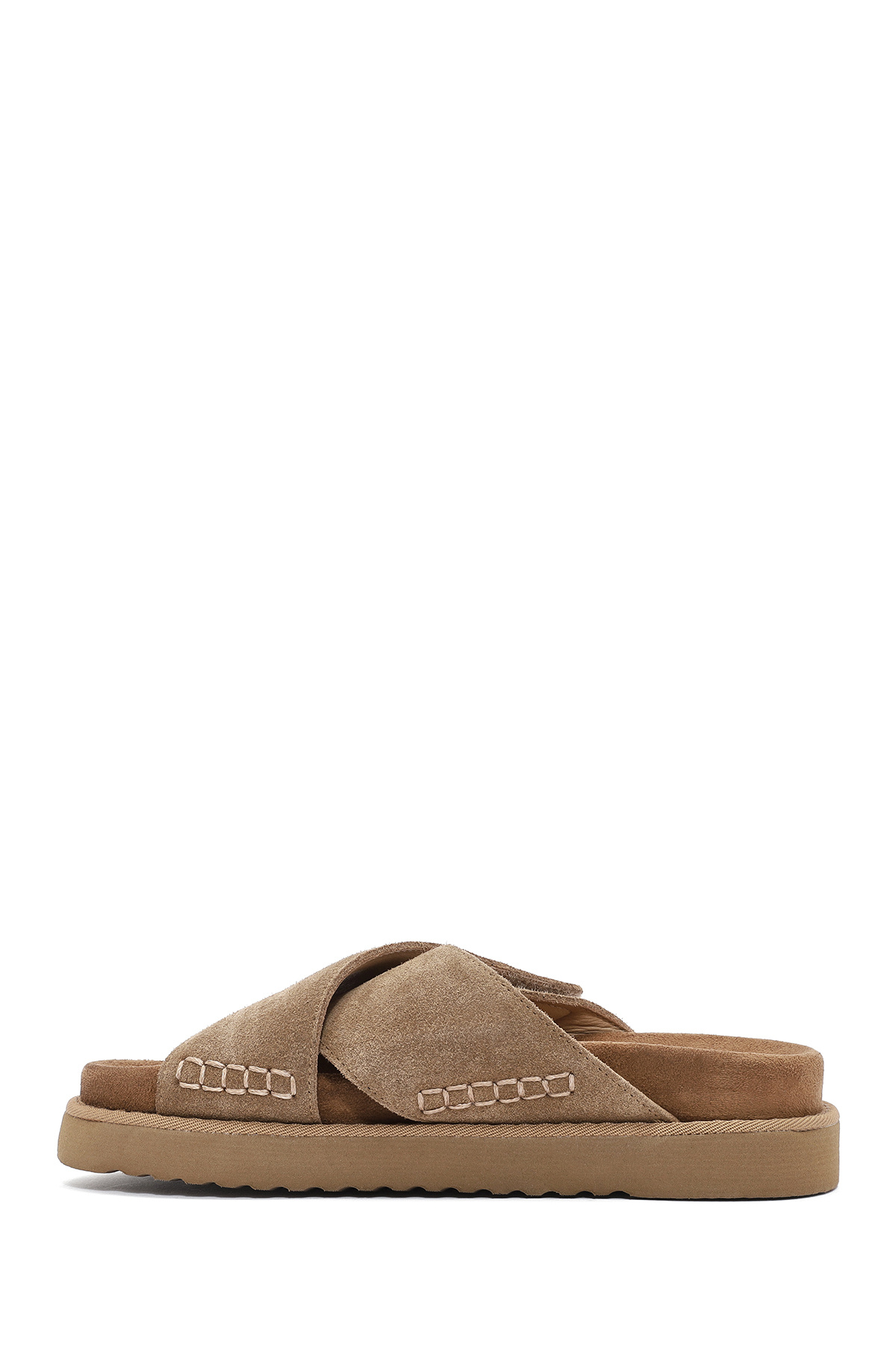 Derimod-Women's Tan Banded Thick Soled Suede Leather Slippers 25Sfd405210 2