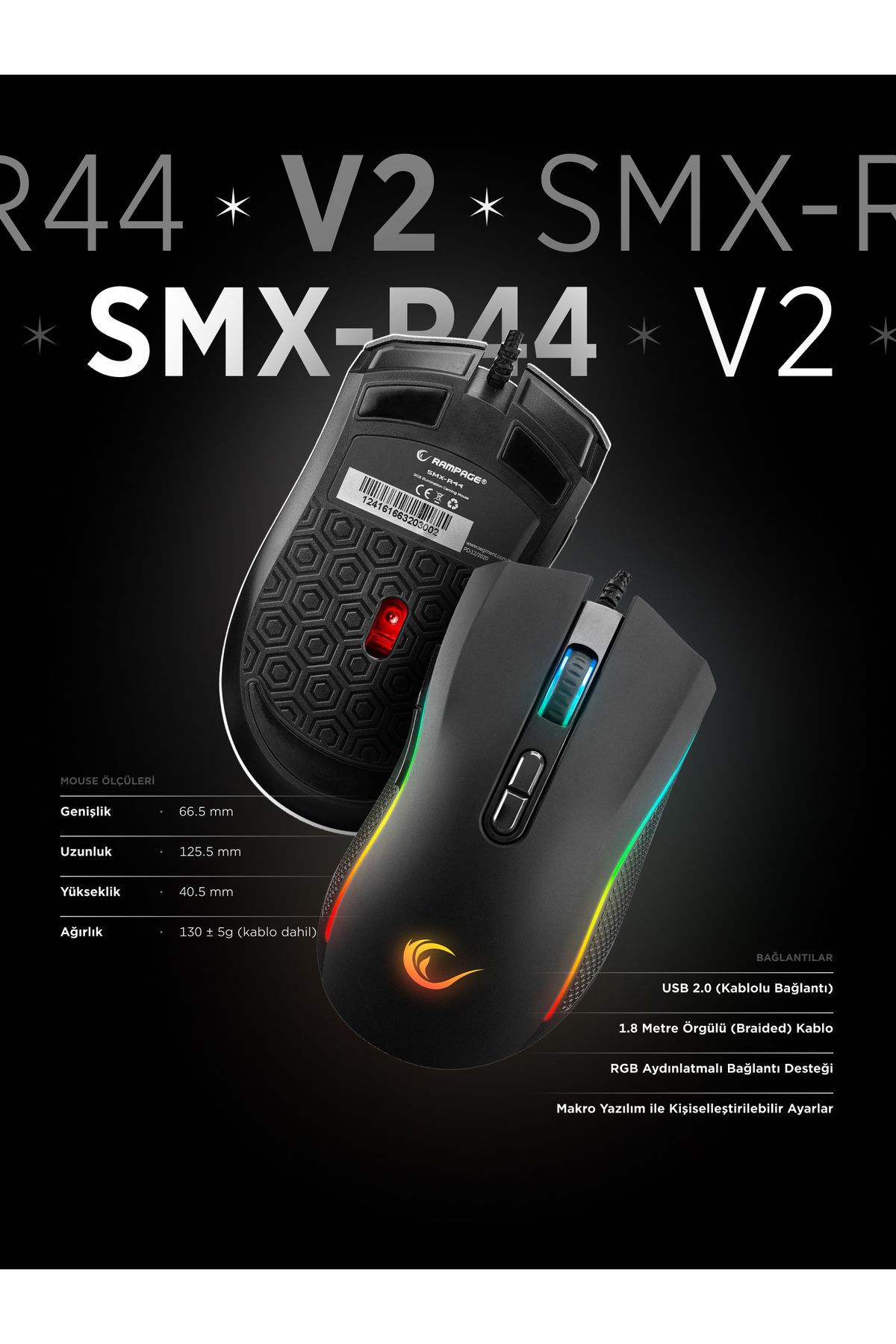 Rampage-SMX-R44 Gaming Mouse, RGB Lighting, 6400 DPI, 7 Programmable Buttons, Black 4