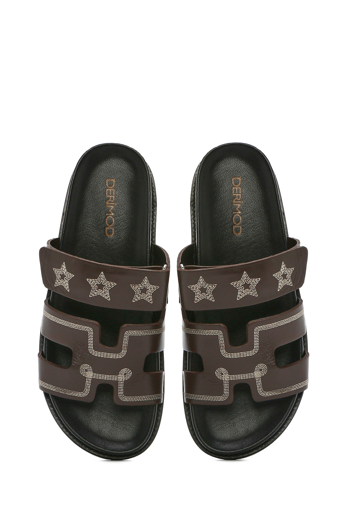 Derimod-Women's Brown Striped Patterned Leather Slippers 25Sfd 230018 7