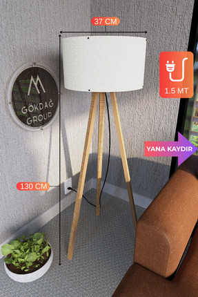 GÖKDAĞ GROUP 3 Ayaklı MEGA BOY Tripod Lambader Abajur Krem Kumaş Başlık