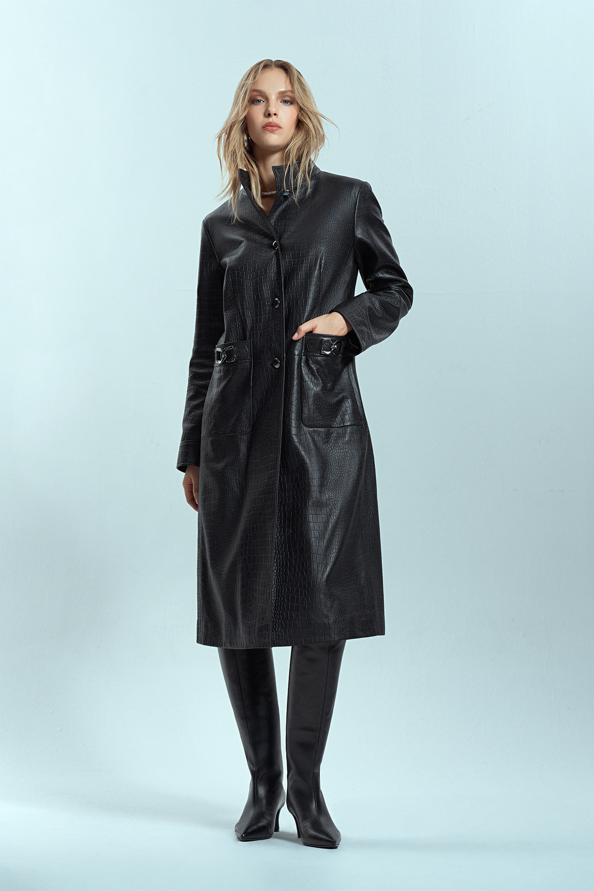 Derimod-Colette Women's Black Crocodile Patterned Leather Top Coat 24Wgd5182Y8 1