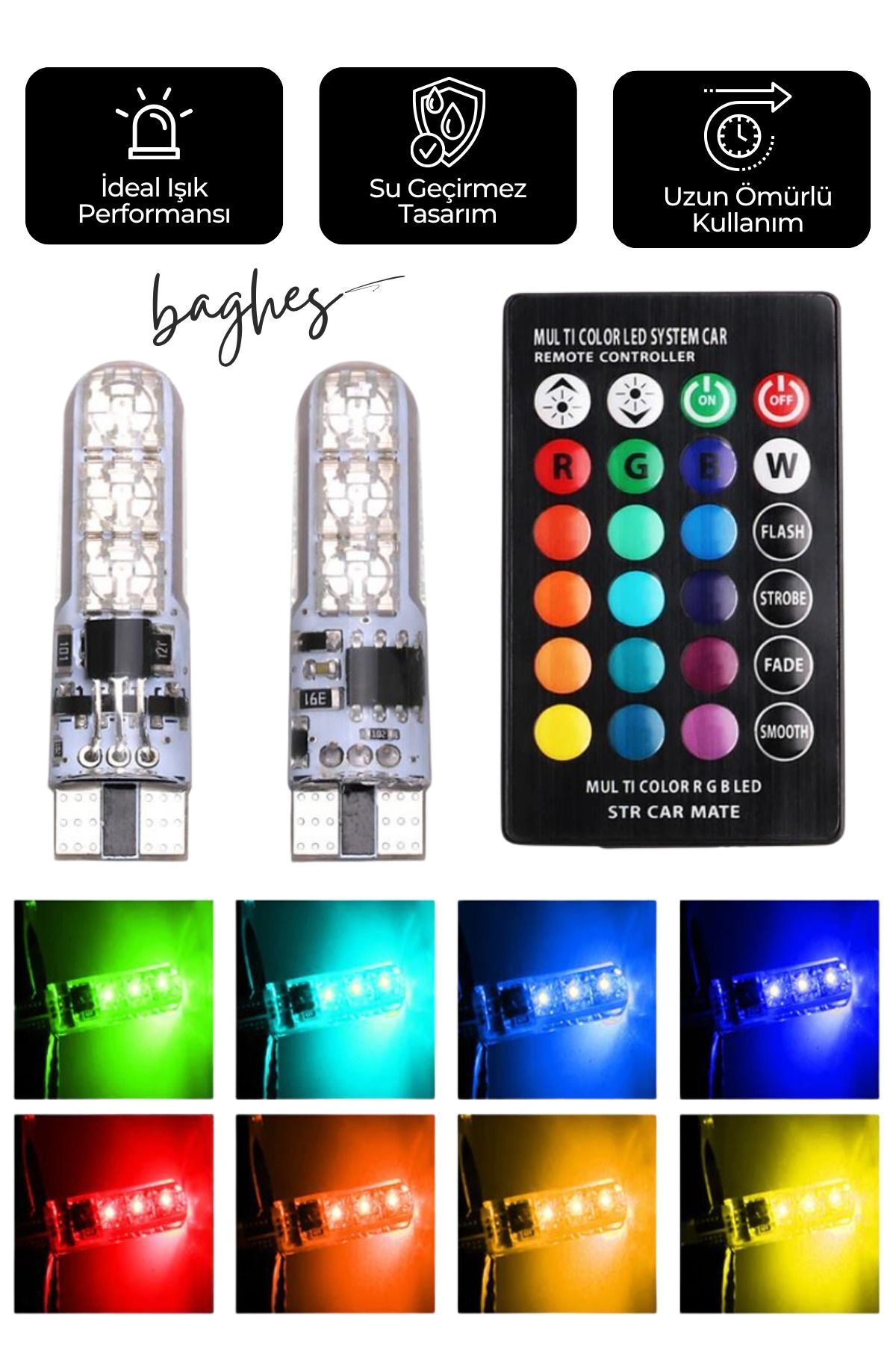Baghes Uzaktan Kumandalı 18 Led T10 RGB Renk Değiştiren Park Ledi Ampulü