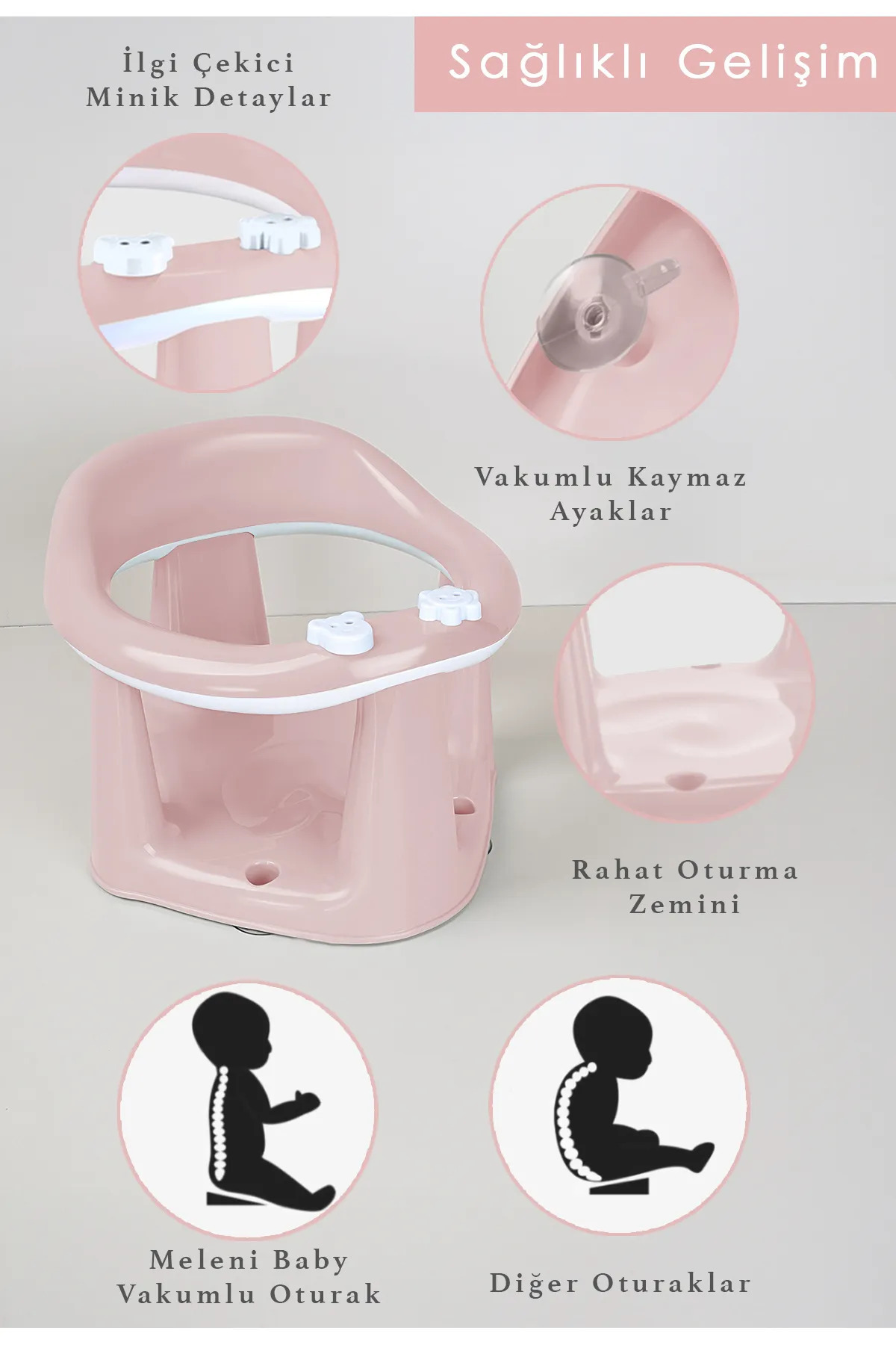 Meleni Baby Vakum Tabanlı Bebek Mama Sandalye Oturağı Oyuncaklı Banyo Oturağı Alt Açma Örtüsü Hediyeli Pembe fotoğrafı 3 (önizleme)